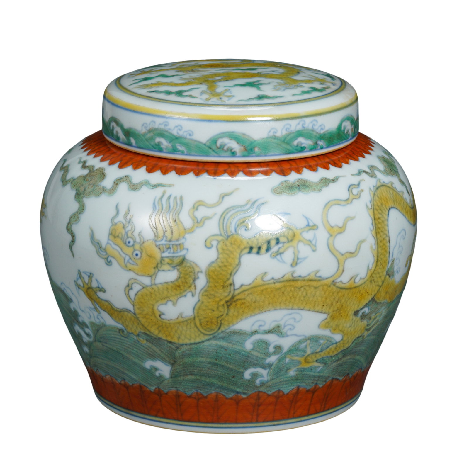 Ming Dynasty Chenghua Period Doucai Dragon and Cloud Covered Jar with “Tian?? Mark: 15th Century (Chenghua Period, 1465–1487); Diameter 16 cm × H. 13.5 cm (6.30 × 5.31 in.)Condition & Provenance: A finely proportioned covered jar with a complete cover, refined white porcelain bod