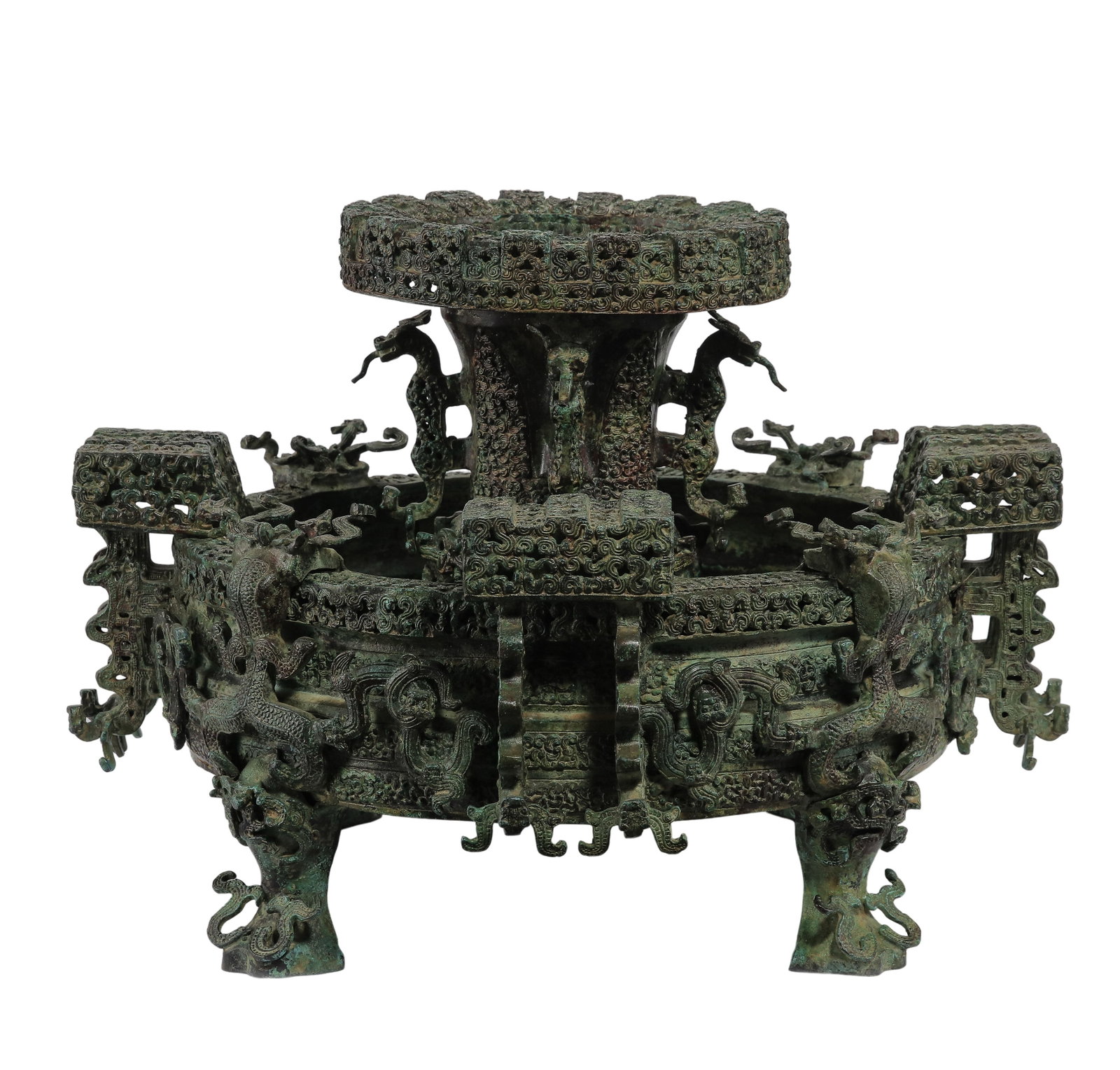 Warring States Bronze Zun and Pan (Zeng Hou Yi Style): Dimensions?Height 30cm (11.81 in), Maximum Width 41cm (16.14 in), Weight 14.2 kgCondition & Provenance?Excellent overall preservation with intact sculpted ornamentation and naturally formed ancient pa
