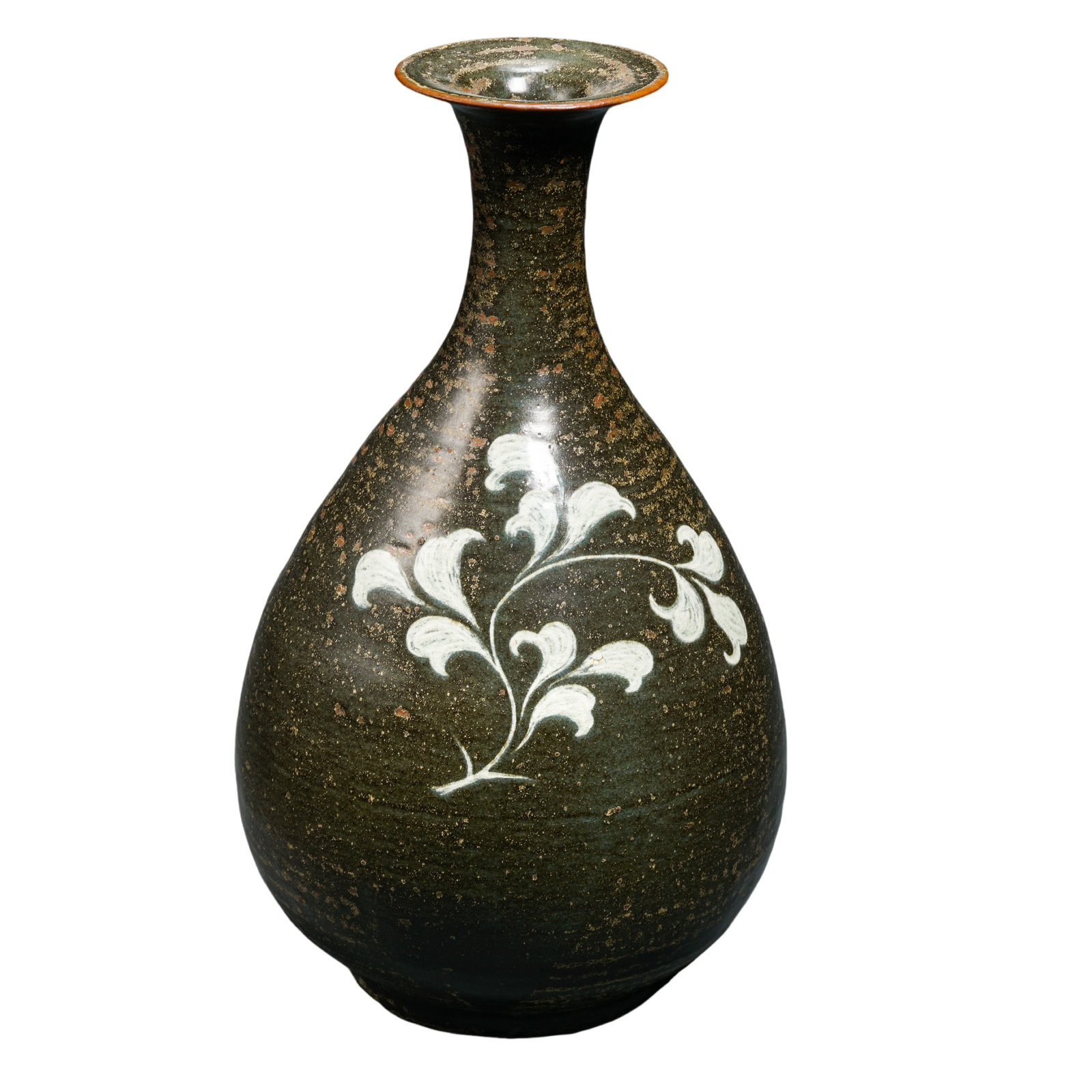 Korean Goryeo Dynasty Black-Glazed Long-Neck Vase with White Painted Floral Decoration (12th–13th: Dimensions: 12th–13th Century CE; Height: 32 cm (12.60 in.)Condition & Provenance: Well preserved overall, with a complete form and a rich black glaze showing natural kiln variations and subtle sign