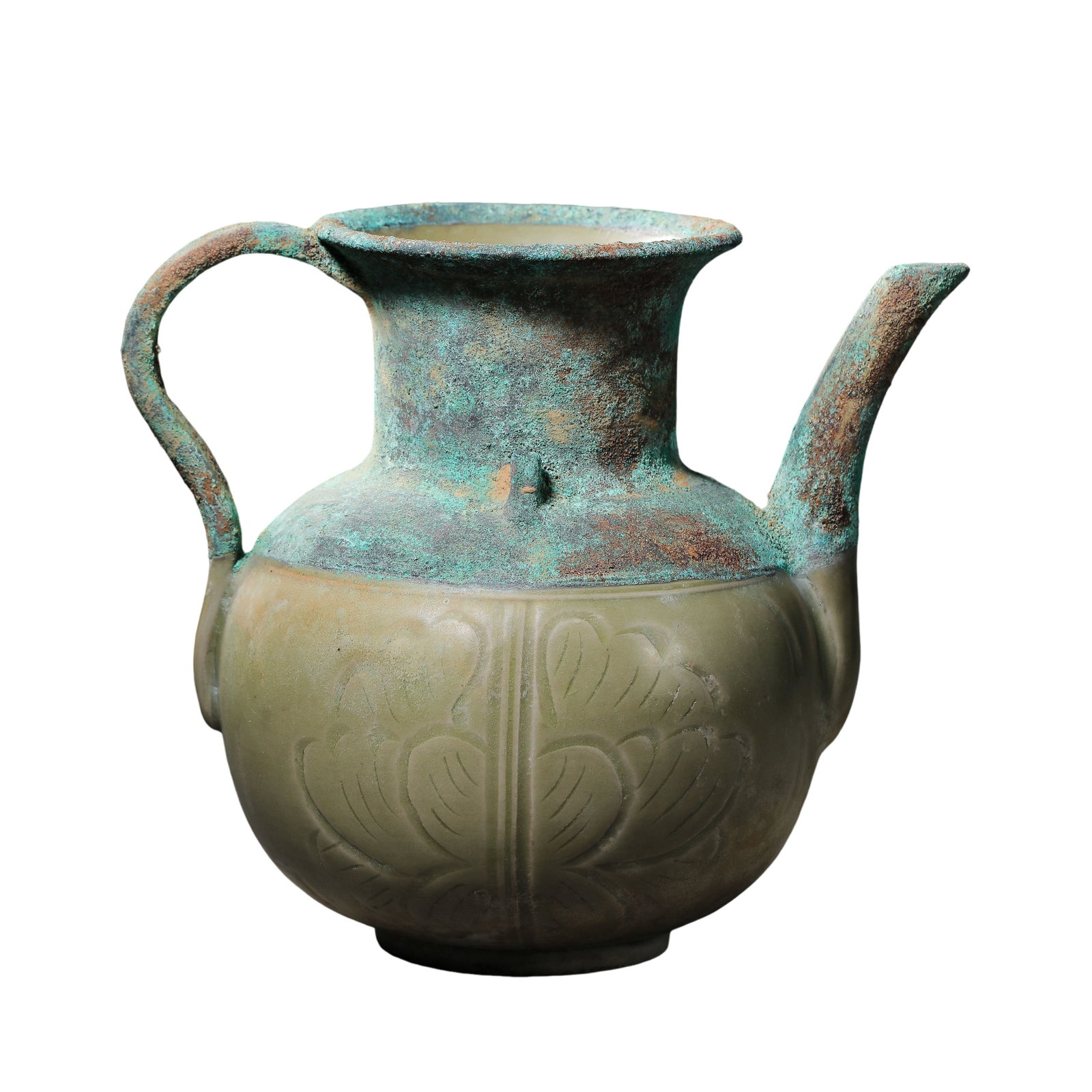 Tang Dynasty Yue Kiln Celadon Ewer with Lotus Decoration (Tang Dynasty, 7th–10th Century): Dimensions & Weight: Tang Dynasty (7th–10th Century); Height: 16.5 cm (6.50 in.), Width: 19 cm (7.48 in.)Condition & Provenance: The ewer is in good condition, with a well-preserved form and a natur