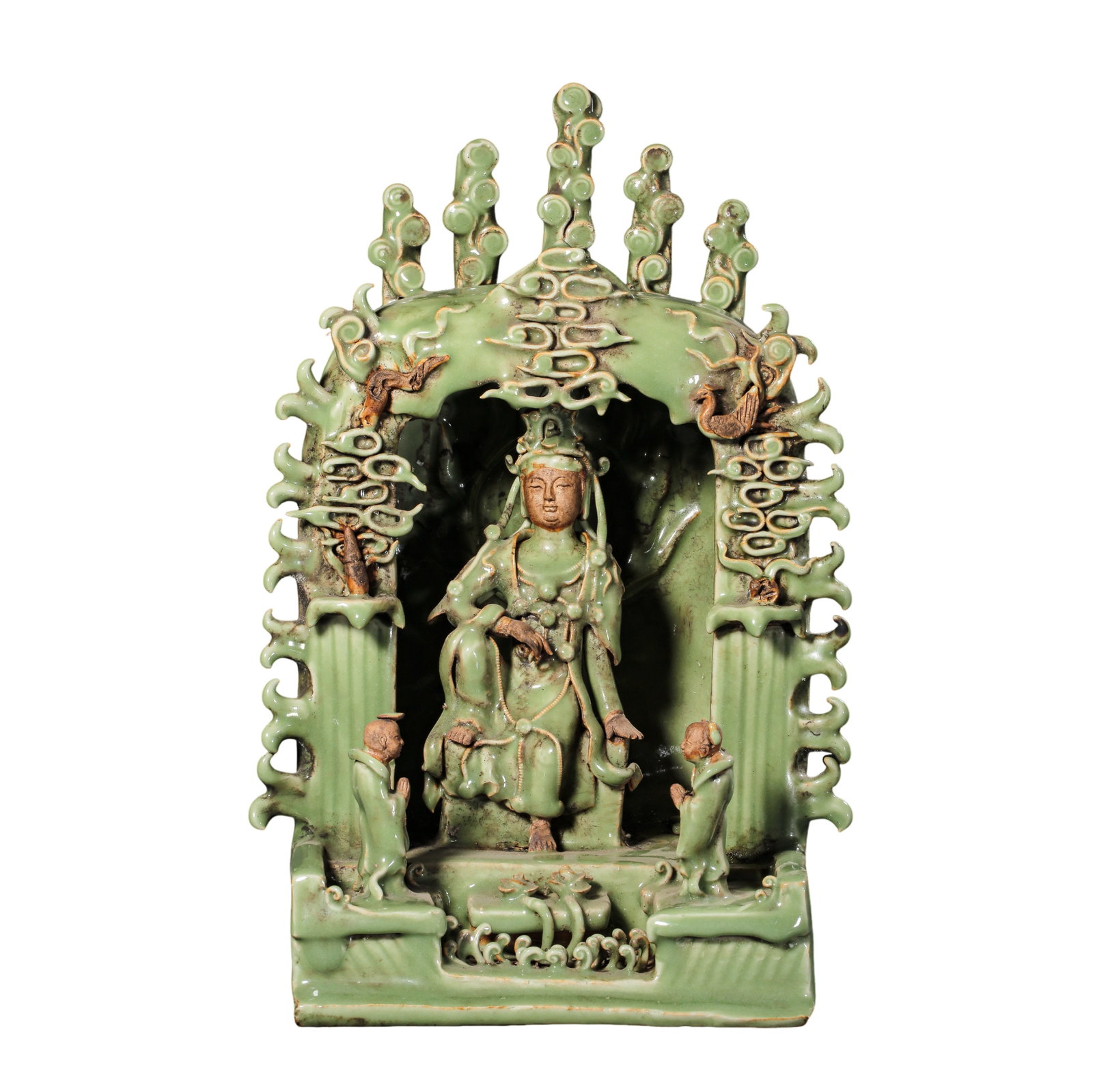 Longquan Celadon Glazed Guanyin Shrine, Southern Song Dynasty (12th–13th Century): Dimensions: 12th–13th Century · Southern Song Dynasty; Height: 39.2 cm (15.43 in), Width: 25.5 cm (10.04 in), Approx. 1.29 ftCondition & Provenance: Covered overall with a rich Longquan celadon gla