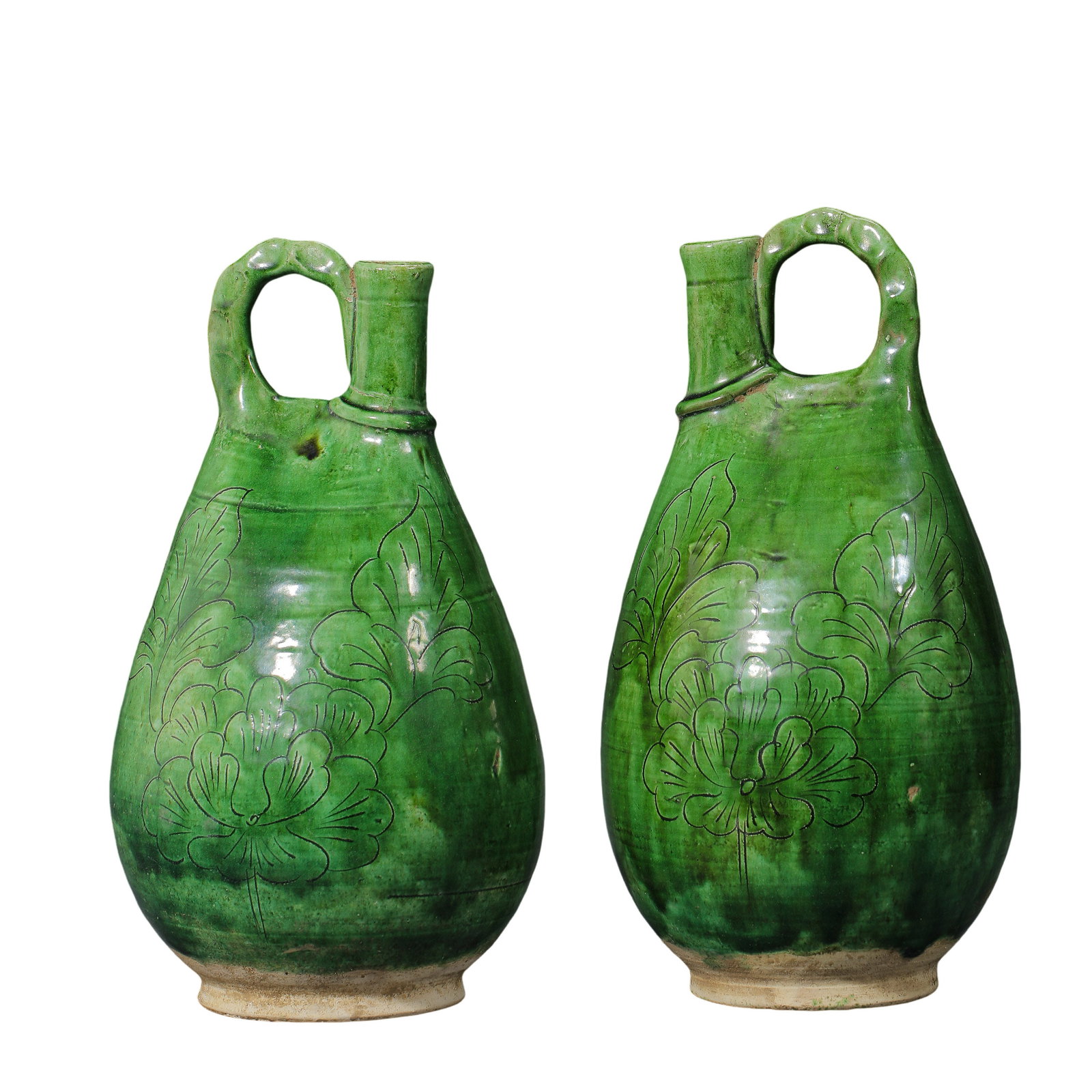 A Pair of Liao Dynasty Green-Glazed Floral Chicken-Head Ewers (Liao Dynasty, 907–1125, 11th–12th (1 of 14)