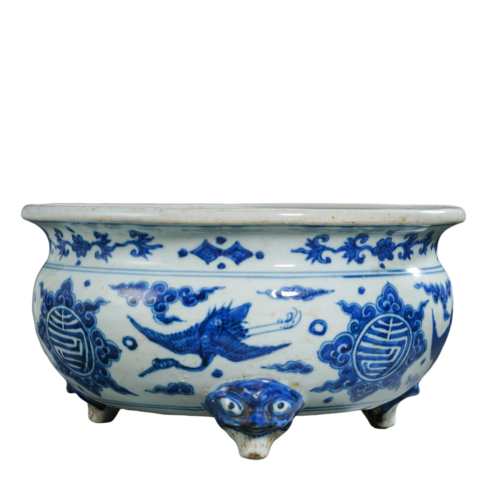 Qing Dynasty Blue and White Three-Legged Censer with Auspicious Motifs (18th Century): Dimensions & Weight: Height 15 cm, Mouth Diameter 28.2 cm, Approx. Height 5.9 in, Mouth Diameter 11.1 in (18th Century)Material: Porcelain with underglaze blue decorationCondition & Provenance: The ce