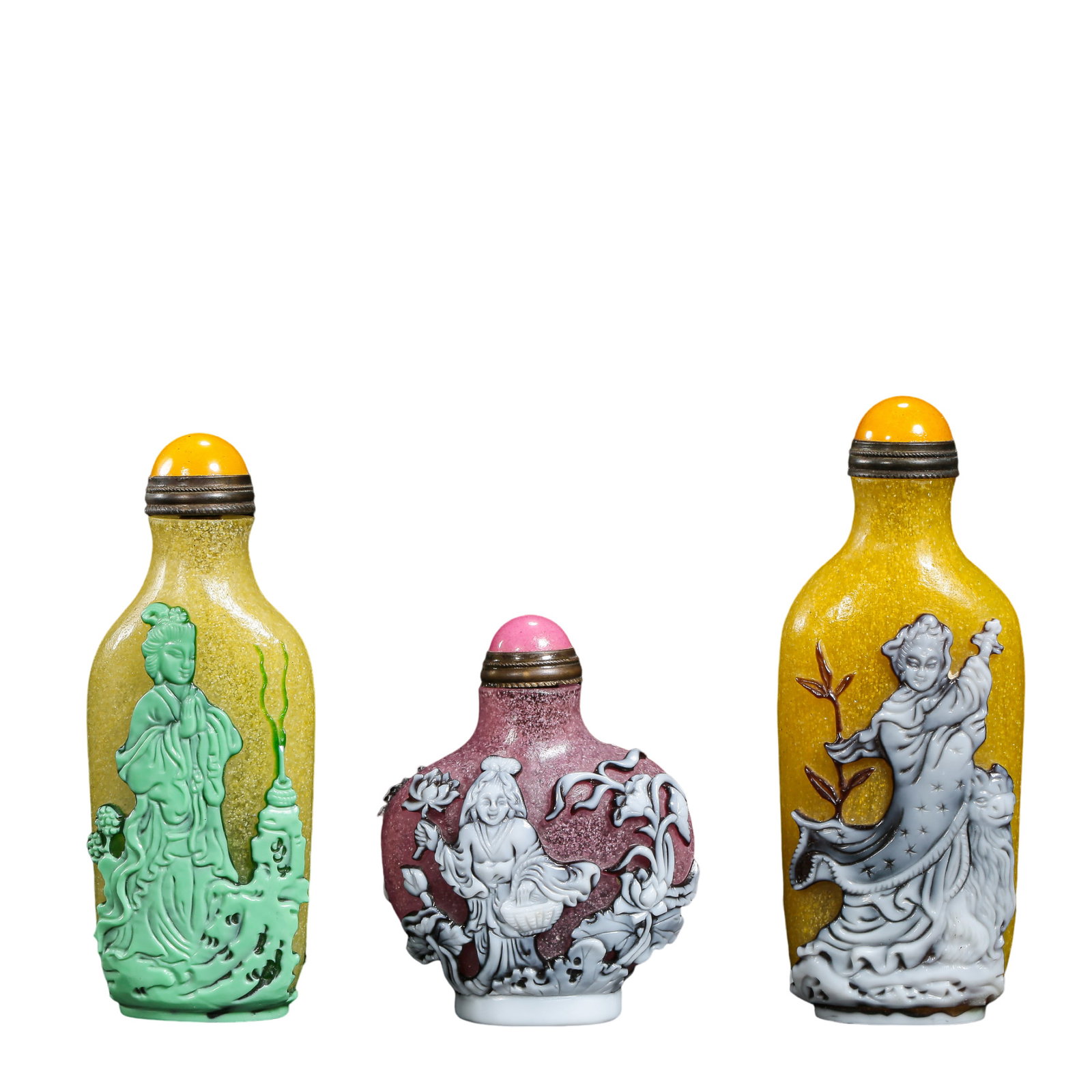 Set of Three Qing Dynasty Multi-Color Overlay Glass Snuff Bottles (18th–19th Century) (1 of 11)