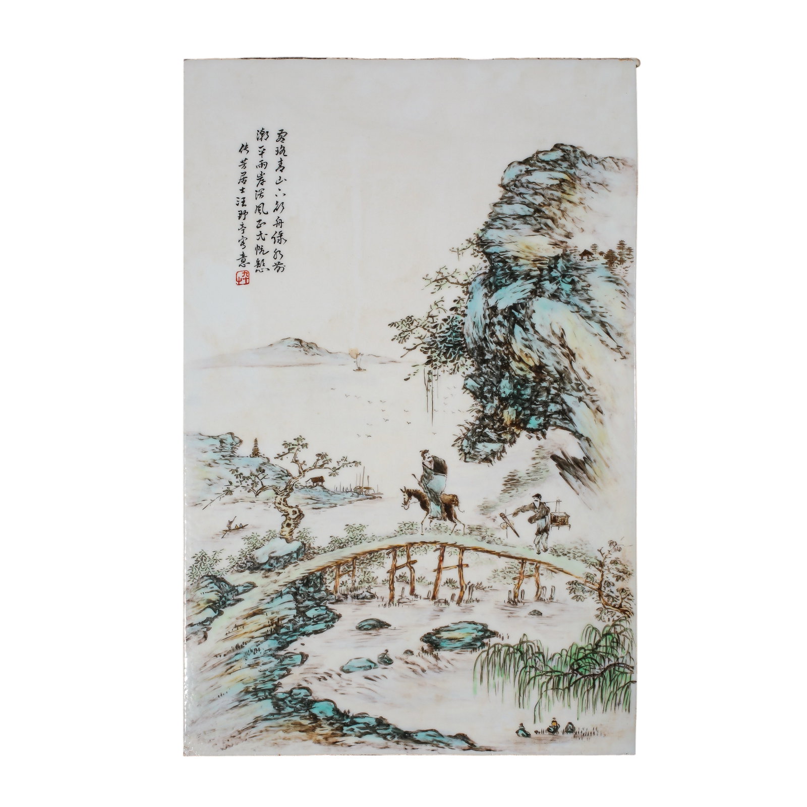 20th Century Landscape and Figure Porcelain Plaque Painting (Modern Chinese Period): Dimensions & Weight: Height 44.5 cm, width 29 cm, approximately 17.5 in high and 11.4 in wide (20th century)Material: Porcelain PlaqueCondition & Provenance: The porcelain plaque is preserved in good 