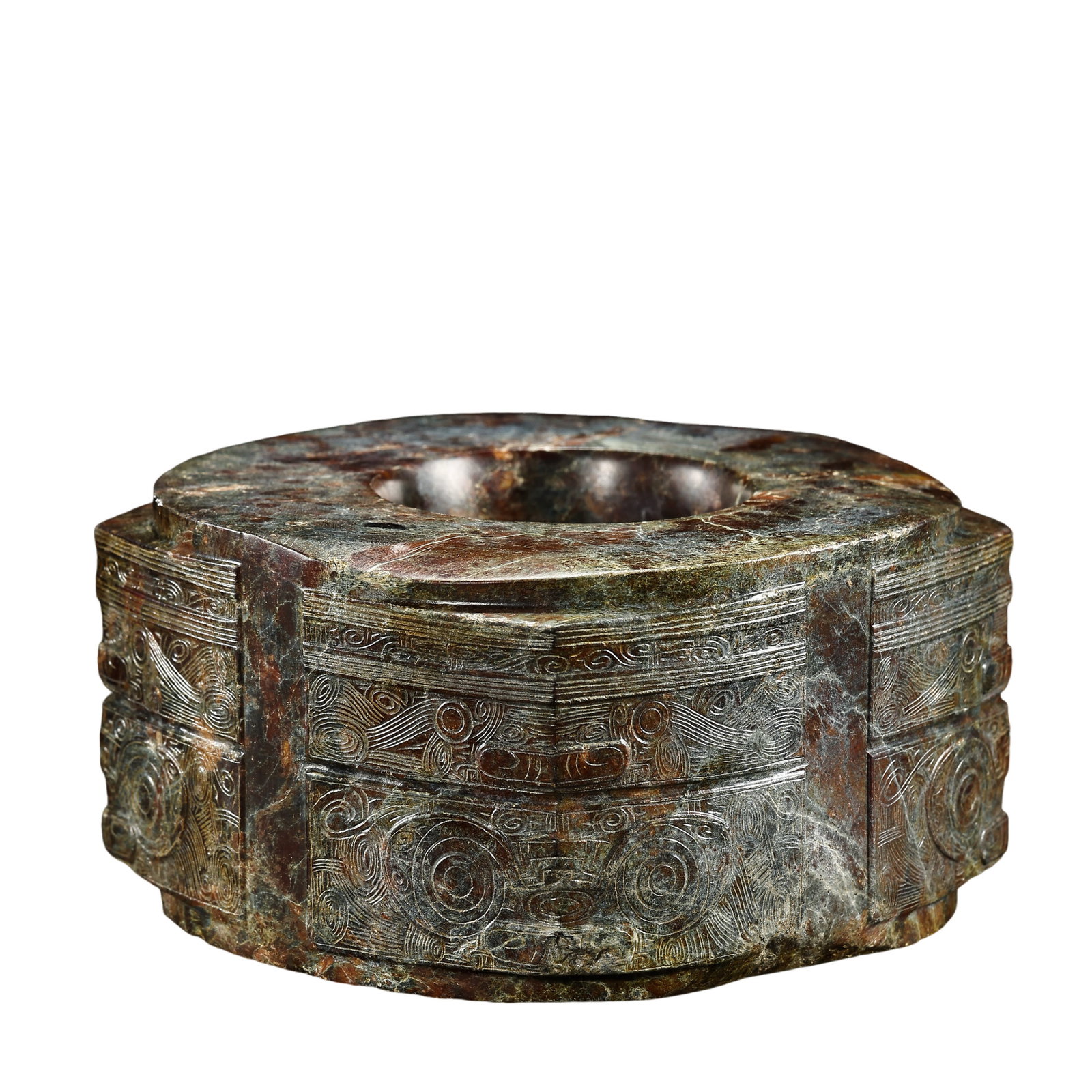 Han Dynasty Hetian Jade Cong with Animal Mask Decoration (206 BCE–220 CE, approximately 2nd: Dimensions & Weight: Height 5 cm, diameter 9.5 cm, weight 945 g, approximately 2 inches high, 3.7 inches in diameter, and 2.08 lbs in weight (2nd century BCE–2nd century CE)Material: Hetian jadeCond