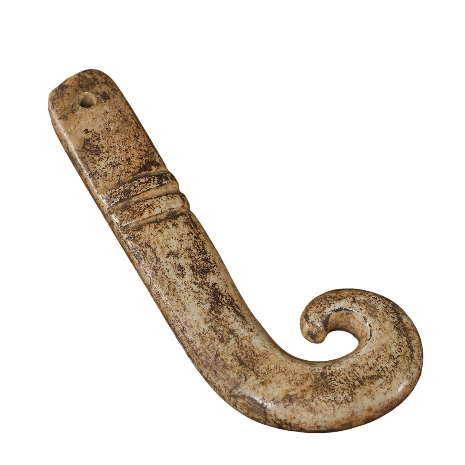 Neolithic Hongshan Culture Chicken-Bone White Jade Cloud-Shaped Pendant (circa 7500–2900 BCE): Dimensions & Weight: Circa 7500–2900 BCE (Neolithic Hongshan Culture); Height: 12 cm (approximately 4.7 in, approximately 0.39 ft); Width: 5 cm (approximately 2 in, approximately 0.16 ft); Weight: 5