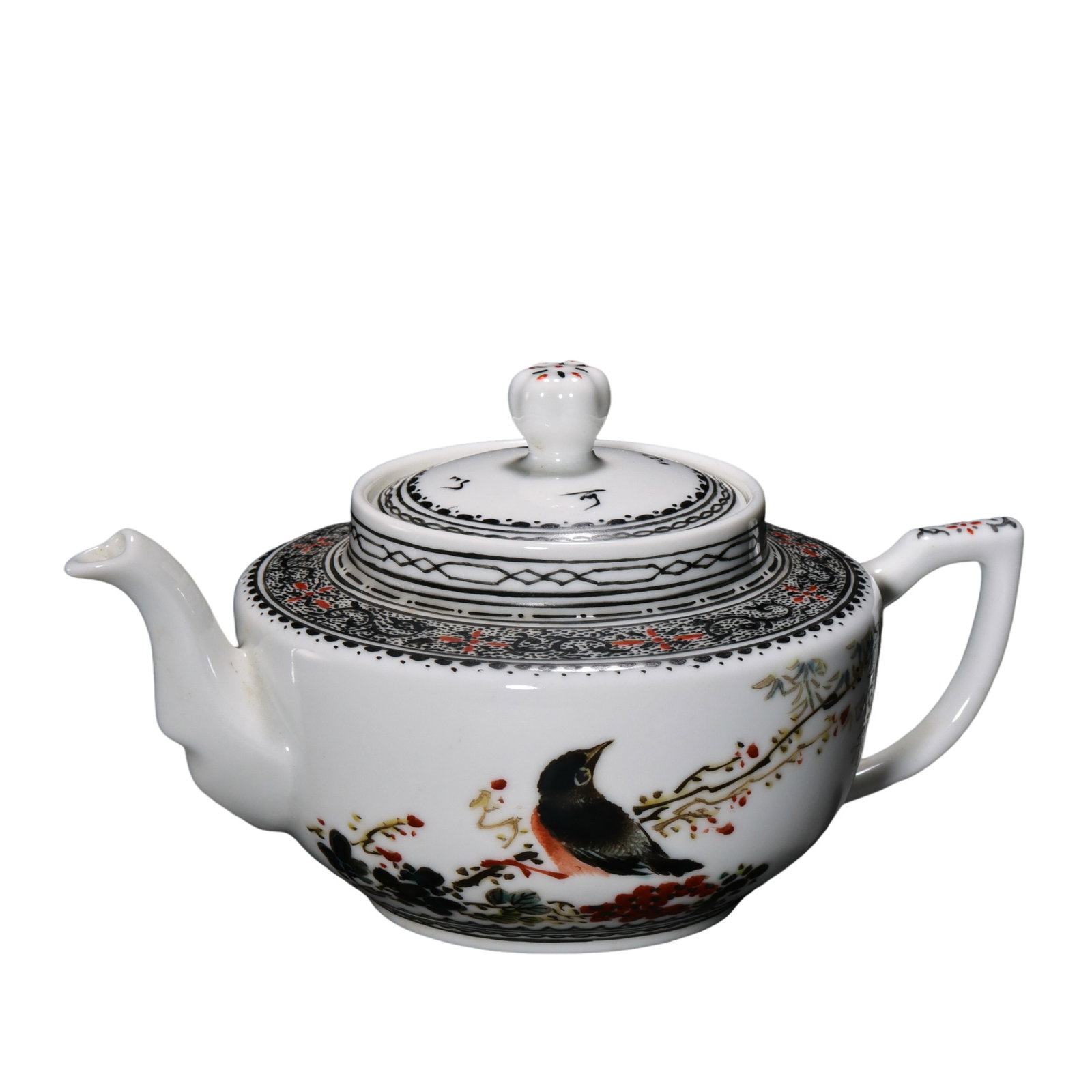 20th Century Porcelain Teapot with Floral, Bird, and Poetic Decoration (20th Century, Modern China): Dimensions: Height 9 cm (approx. 3.5 in, approx. 0.30 ft); Length 17 cm (approx. 6.7 in, approx. 0.56 ft)Condition & Provenance: Good overall condition with a clean glaze surface and well-preserved pa