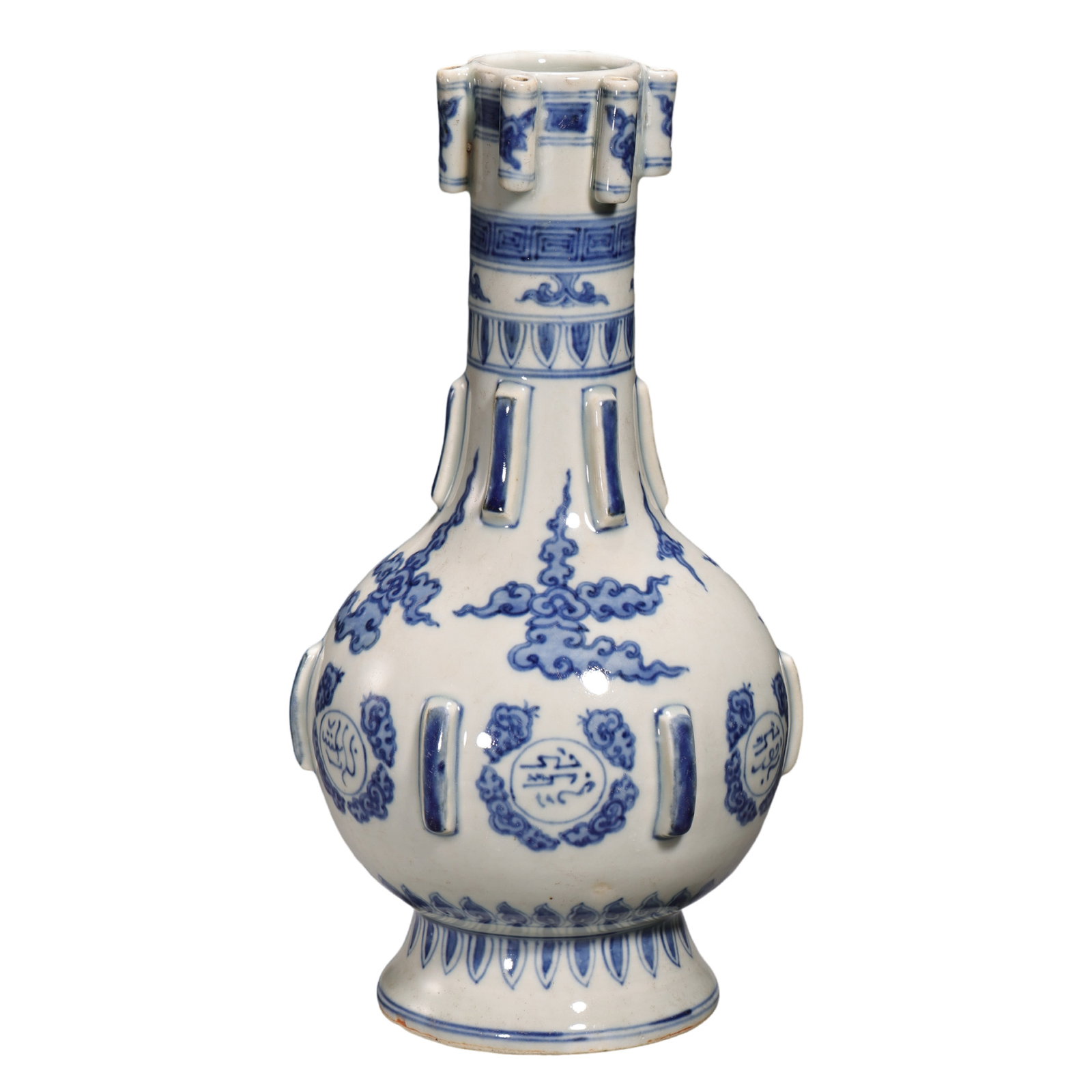 Qing Dynasty Blue and White Floral Lotus-Form Vase (18th Century): Dimensions: Height 26.5 cm, Mouth Diameter 6.5 cm (Approx. 10.4 in H, 2.6 in Mouth Diameter, Approx. 0.87 ft H)Condition & Provenance: Good overall condition with a well-preserved body, smooth glaze s