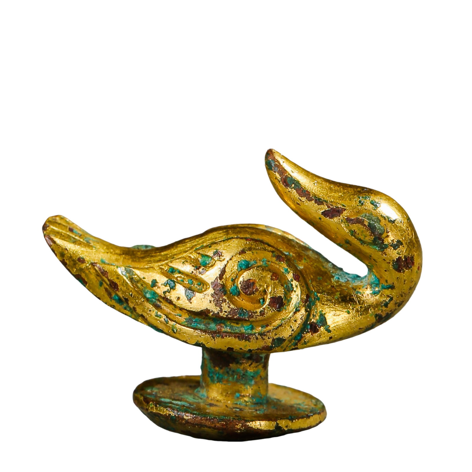 Gilt Bronze Bird Ornament, Han Dynasty (206 BCE–220 CE): Dimensions & Weight: Height 2.5 cm (0.98 in, approximately 0.08 ft), Length 3.2 cm (1.26 in, approximately 0.10 ft), Weight 22 g (0.78 oz); 3rd century BCE–3rd century CECondition & Provenance: The 
