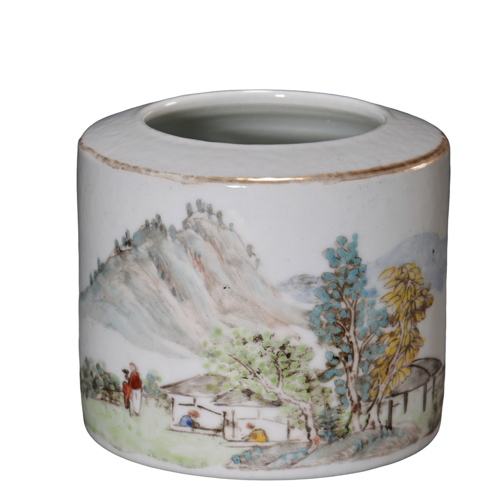 Qing Dynasty Porcelain Brush Pot with Landscape and Figure Story Decoration (18th Century): Dimensions: Height 7.5 cm, Diameter 8 cm (Approx. 2.95 in H × 3.15 in Dia; Approx. 0.25 ft H; 18th century)Condition & Provenance: Good overall condition with well-preserved glaze and clear painted d