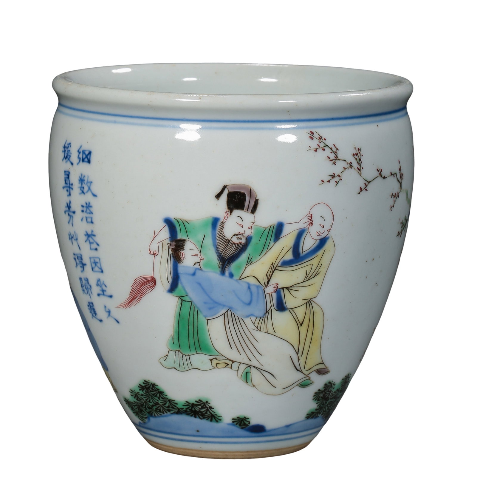 Qing Dynasty Blue and White “Figural Story Scene?? Brush Pot with Rolled Rim (18th Century): Dimensions: Height 11 cm, Rim Diameter 10.8 cm (Approx. 4.3 in H, 4.25 in Rim Diameter; Approx. 0.36 ft H, 0.35 ft Rim Diameter)Condition & Provenance: Good overall condition with well-preserved glaze
