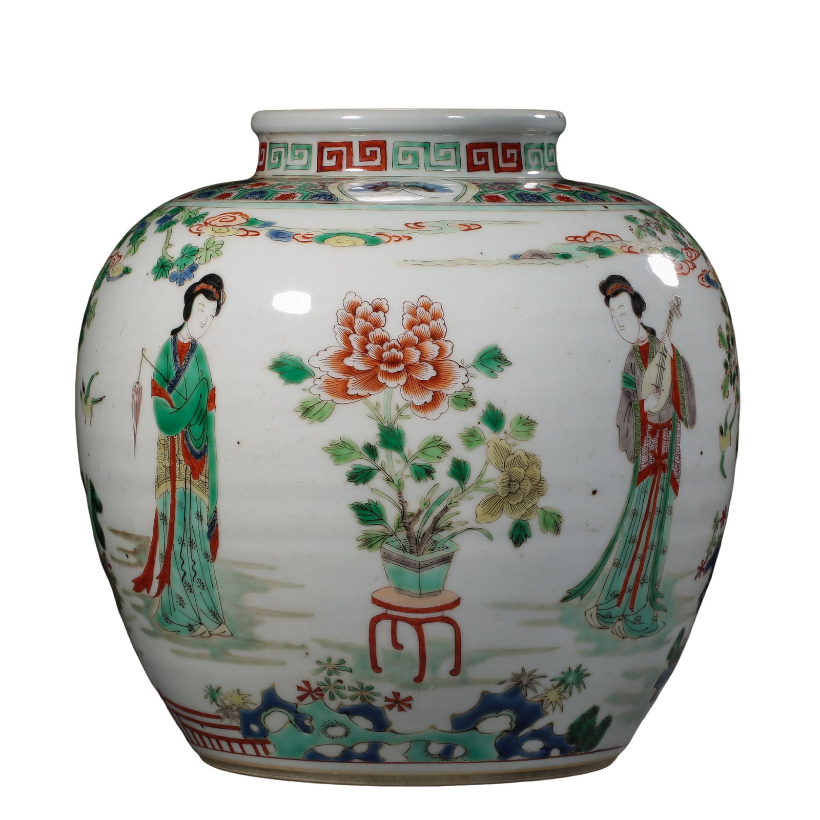 Qing Dynasty Kangxi Period Blue and White Figure Story Jar with Flared Rim (Late 17th–Early 18th: Dimensions: Height 24.5 cm, Mouth Diameter 11.5 cm (Approx. 9.6 in. high, 4.5 in. mouth diameter; 17th–18th century)Condition & Provenance: Overall in good condition, with a smooth aged glaze, natur