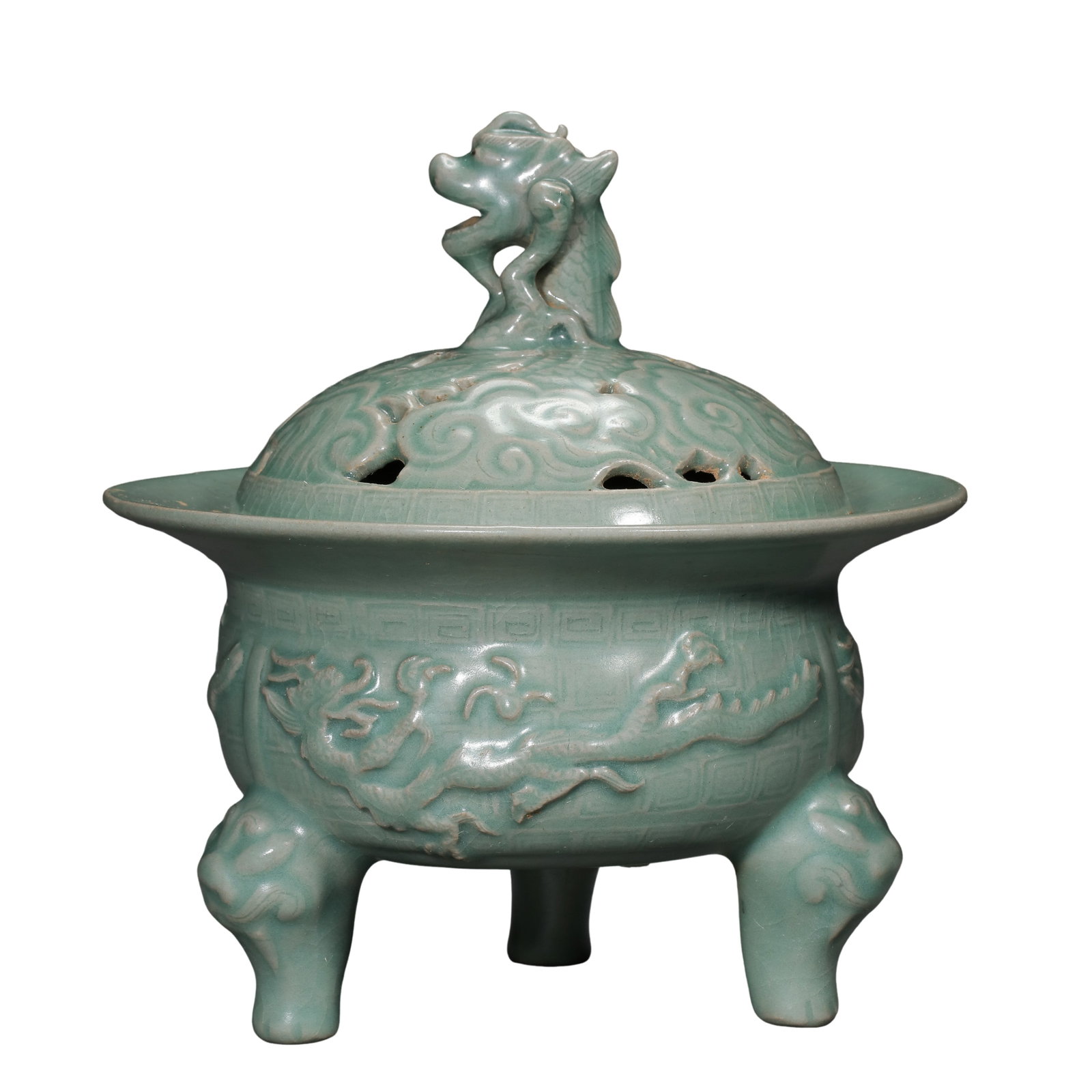 Goryeo Dynasty (12th Century) Celadon Dragon-Decorated Incense Burner with Dragon Head Finial: Dimensions: Height 20 cm (7.9 in / 0.66 ft), Width 18.5 cm (7.3 in / 0.61 ft), Goryeo Dynasty, 12th CenturyCondition & Provenance: The piece remains in good overall condition, featuring a beautifully 