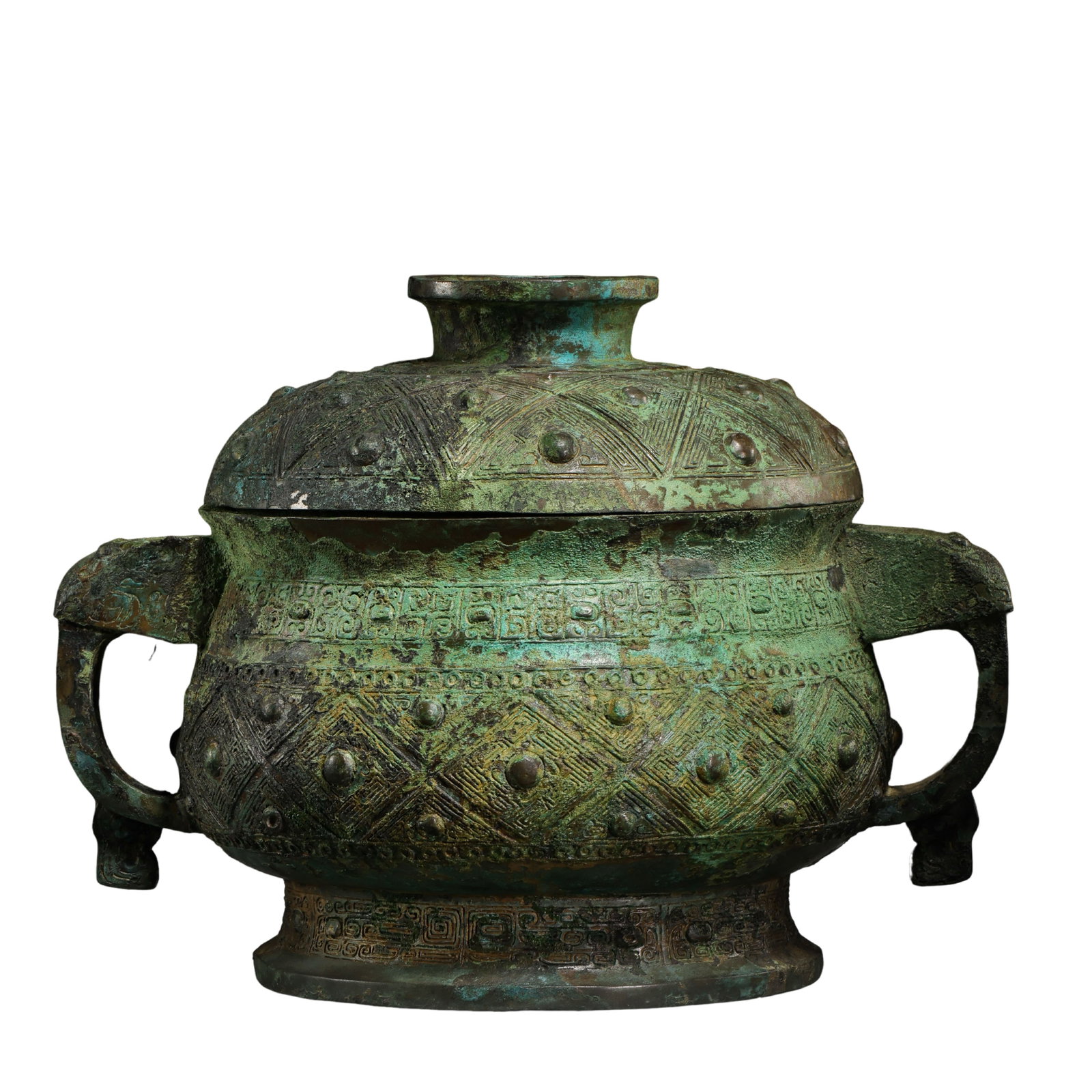 Early Western Zhou Dynasty Bronze Gui with Stud?and?Diamond?Pattern Decoration: Condition & Provenance: Complete original set including vessel and cover. Both animal?form handles with hanging tabs and foot ring are intact.Distinct mold?casting marks are preserved, including origi