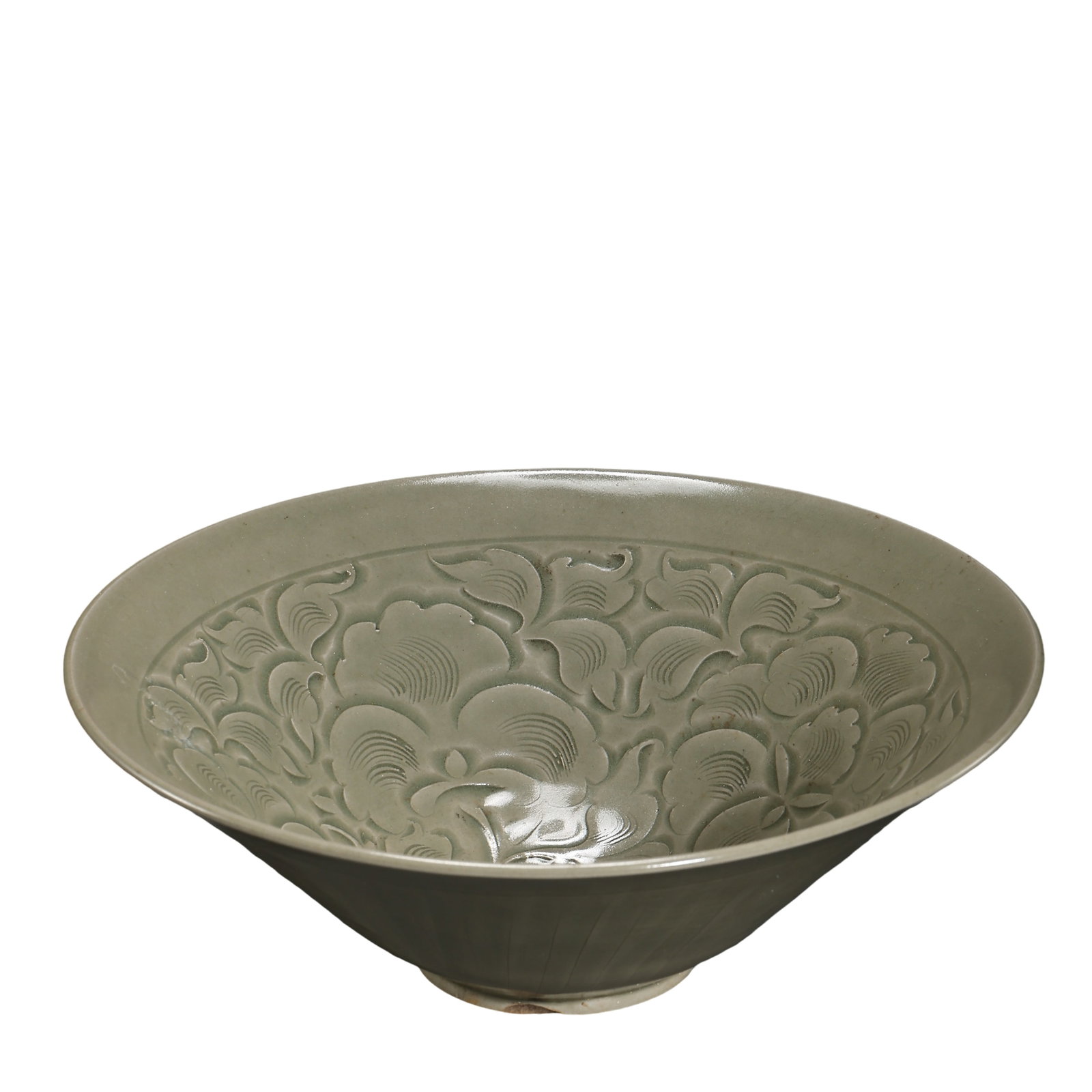 Northern Song Dynasty (11th Century) Yaozhou Kiln Celadon Carved Floral Conical Bowl: Dimensions: Diameter 24 cm (9.4 in / 0.79 ft), Height 8.5 cm (3.3 in / 0.28 ft), Northern Song Dynasty, 11th CenturyCondition & Provenance: The bowl is in good overall condition, retaining its elegant