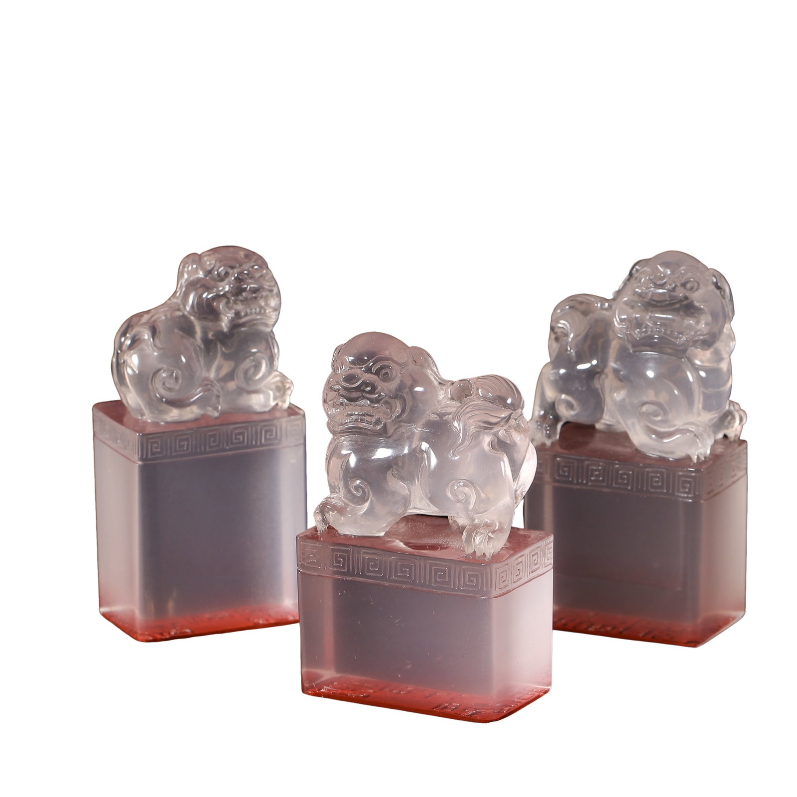 A Set of Three Qing Dynasty Rock Crystal Seals with Mythical Beast Finials (18th–19th Century) (1 of 9)