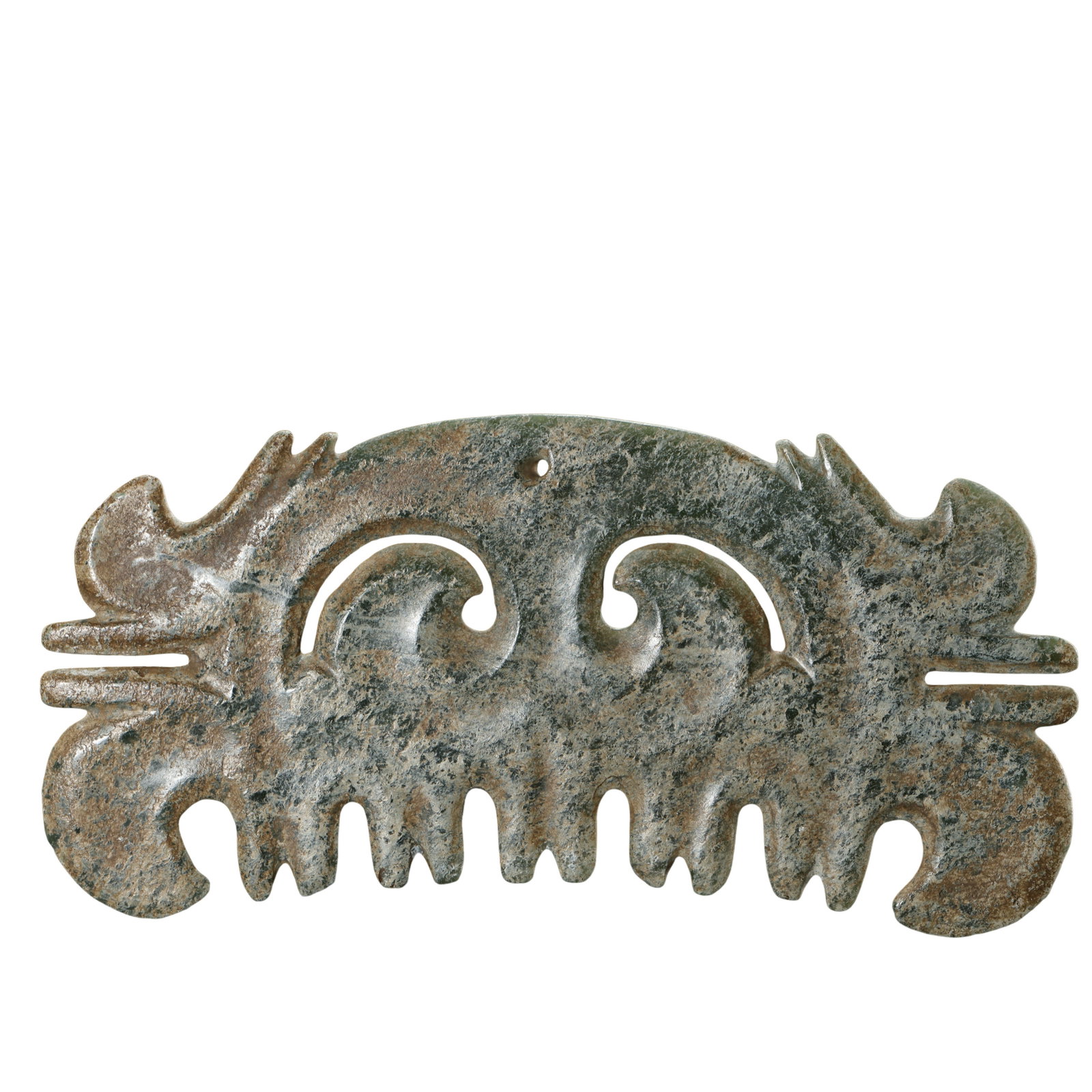 Hongshan Culture Hetian Jade Cloud-Shaped Pendant (7500–2900 BCE): Dimensions & Weight: Length 17.2 cm (6.8 in / 0.56 ft), height 8 cm (3.1 in / 0.26 ft), weight 97 g, Hongshan Culture period (7500–2900 BCE)Condition & Provenance: The piece is in good overall condi