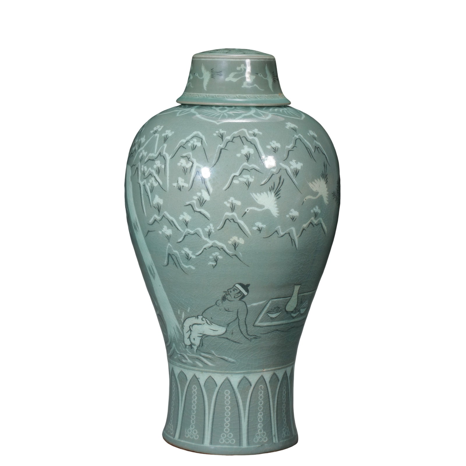 A Goryeo Dynasty Celadon Maebyeong with Black and White Inlaid Figures and Narrative Scenes: Dimensions: Height 47 cm (approx. 18.5 in, approx. 1.54 ft), Maximum body diameter approx. 10 cm (approx. 3.9 in, approx. 0.33 ft); 12th–13th centuryMaterial: Goryeo CeladonCondition & Provenance: G