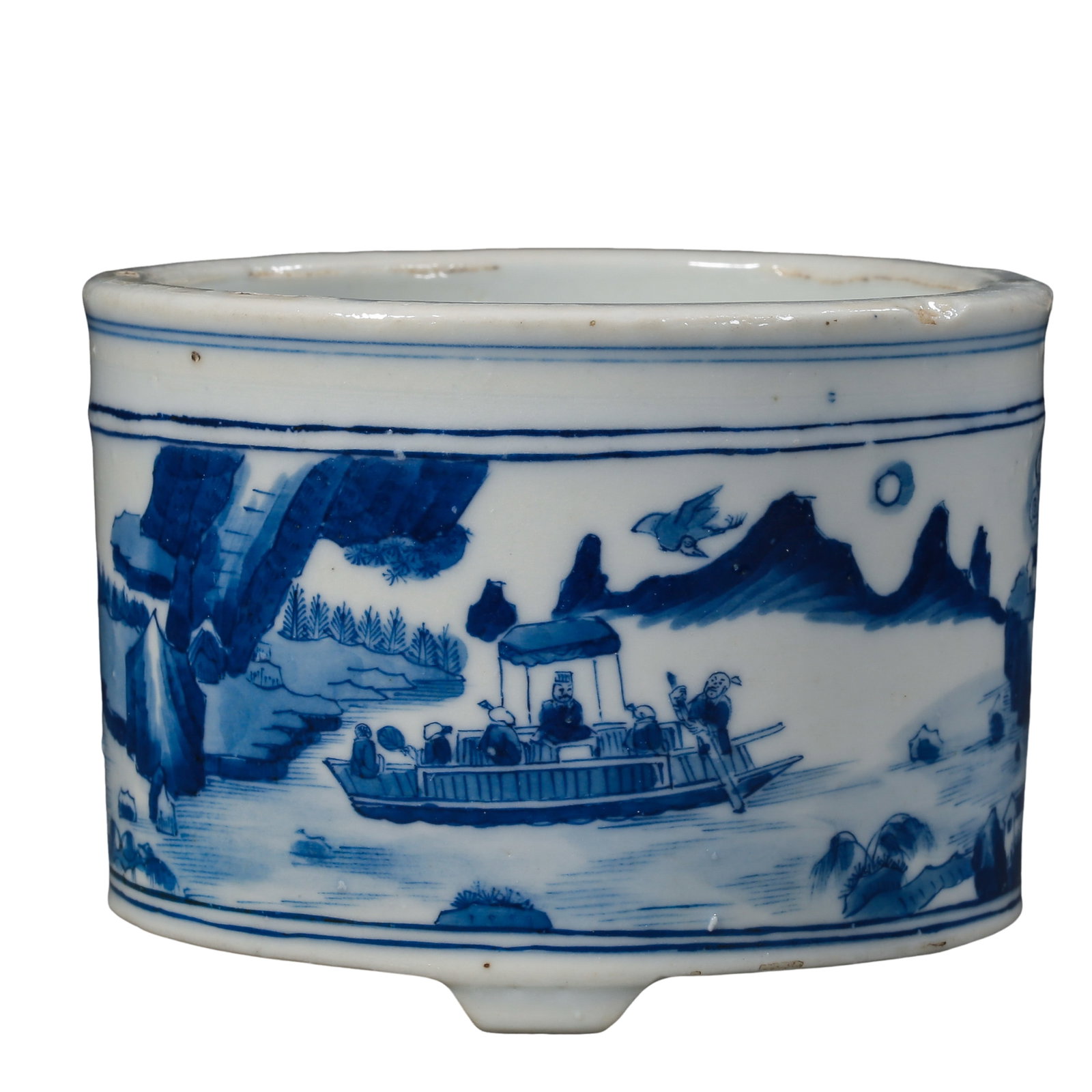 Qing Dynasty Blue and White Landscape and Figure Story Three-Legged Censer, 18th Century: Dimensions: Height 7 cm, Diameter 9.7 cm (Approx. 2.76 in. high, 3.82 in. diameter; approx. 0.23 ft. high, 0.32 ft. diameter)Condition & Provenance: The piece is well preserved with a smooth, softly a