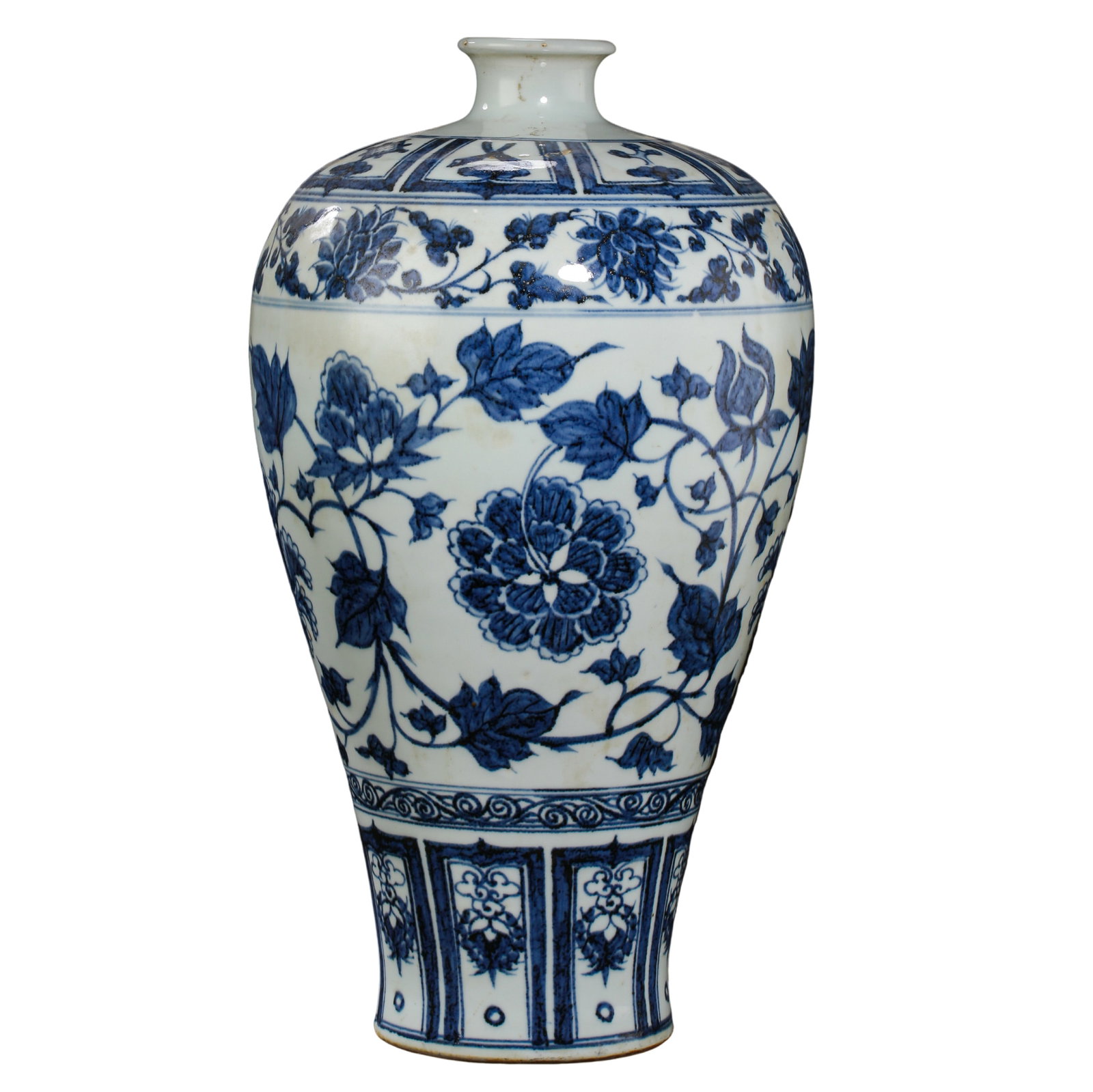 Yuan Dynasty Blue and White Porcelain Meiping Vase with Scrolling Floral Decoration, 14th Century: Dimensions: Height 40.5 cm (approximately 15.94 inches, approximately 1.33 ft); 14th CenturyCondition and Provenance: The vase is in good overall condition, with a well-preserved form and naturally ag