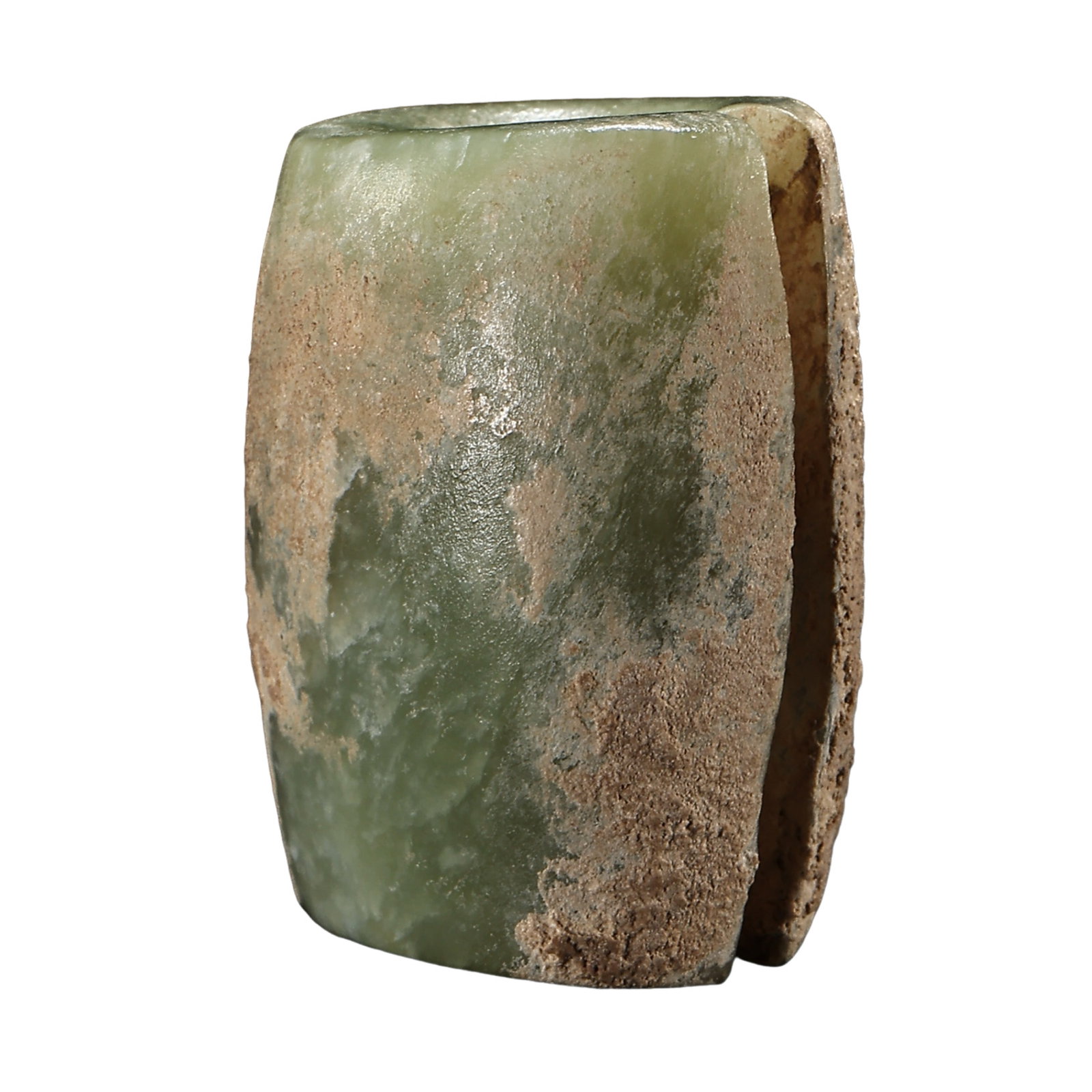 Hongshan Culture Hetian Jade Tubular Ornament, Hongshan Period (7500–2900 BCE): Dimensions & Weight: Height 3.19 cm (1.26 in / 0.10 ft), width 2.3 cm (0.91 in / 0.08 ft), weight 25 g; 7500–2900 BCECondition & Provenance: The piece is in good overall condition with a complete fo
