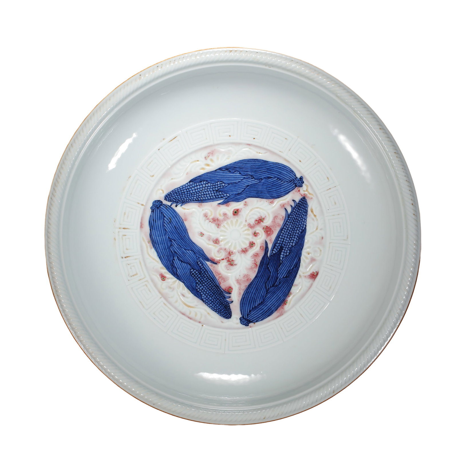 20th Century, Blue-and-White and Underglaze-Red Dish with Corn Motif, Bearing a Wang Bu Attribution: Dimensions: Diameter 23.5 cm (9.25 in / 0.77 ft); Height 4 cm (1.57 in / 0.13 ft); 20th CenturyCondition & Provenance: Overall in good condition, with a glossy glaze and minor signs of age, use, and f
