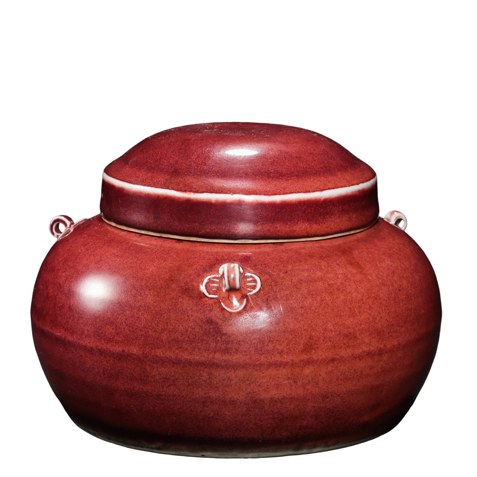 Qing Dynasty (18th Century), Langyao Red Glazed Covered Jar with Four Lug Handles: Dimensions: Width 17 cm (approximately 6.7 inches, approximately 0.56 ft), height 13.5 cm (approximately 5.3 inches, approximately 0.44 ft), 18th century, Qing DynastyCondition and Provenance: Good ov