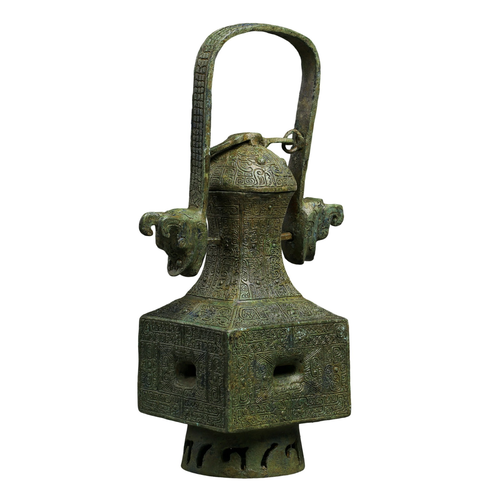 Archaic Chinese Bronze Square Ewer with Handle and Kui Dragon Decoration, Shang–Zhou Period: Dimensions & Weight: Height 32 cm, Width 17 cm; approximately 12.6 in high and 6.7 in wide; approximately 1.05 ft high and 0.56 ft wide; Weight: 3154 g (3.154 kg)Condition & Provenance: The vessel rem