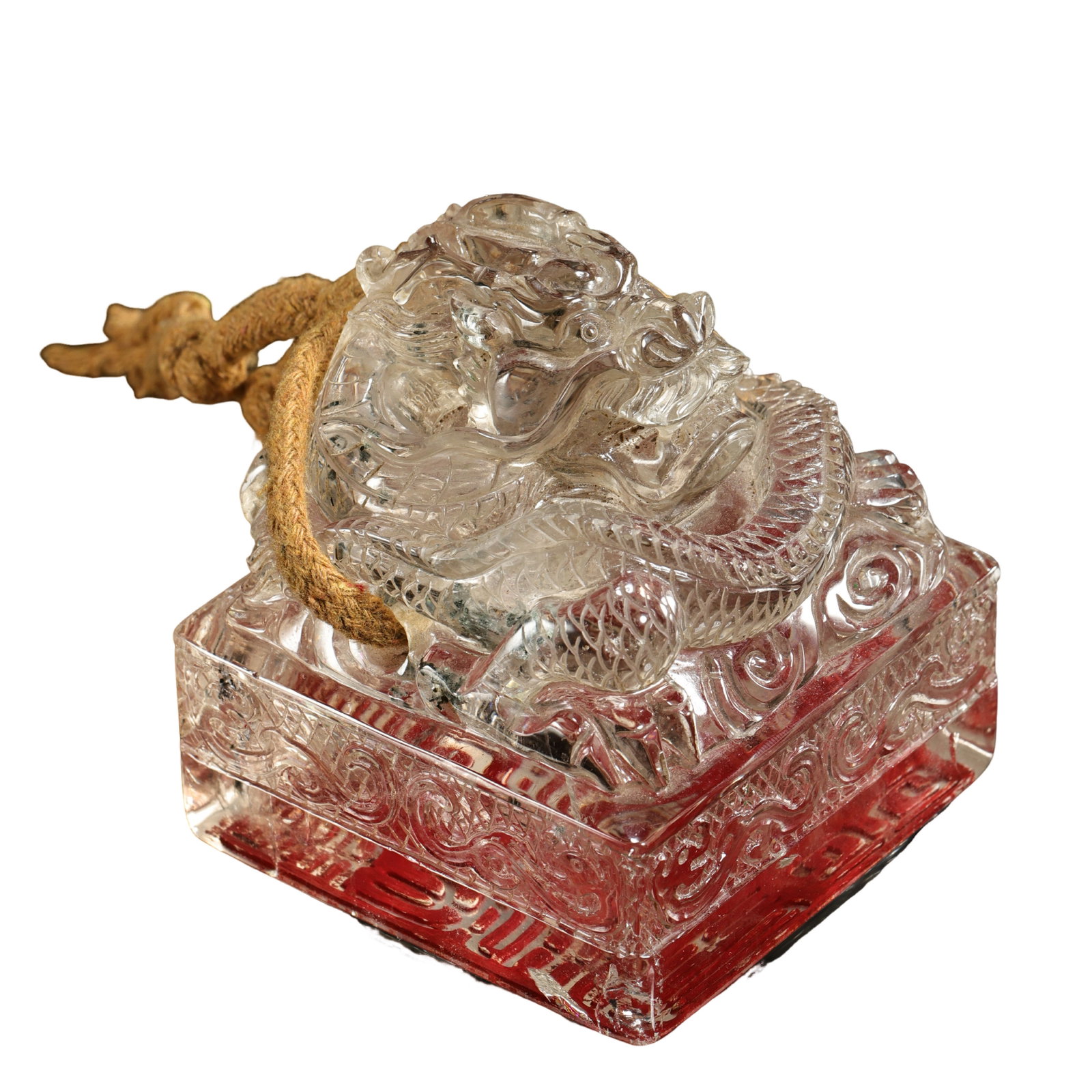Qing Dynasty Rock Crystal Square Seal with Chi Dragon Finial (18th Century): Dimensions and Weight: Height 7.5 cm, length 7.2 cm, width 7.2 cm (approximately 2.95 inches high, 2.83 inches long, 2.83 inches wide; approximately 0.25 ft high, 0.24 ft long, 0.24 ft wide), weight 6
