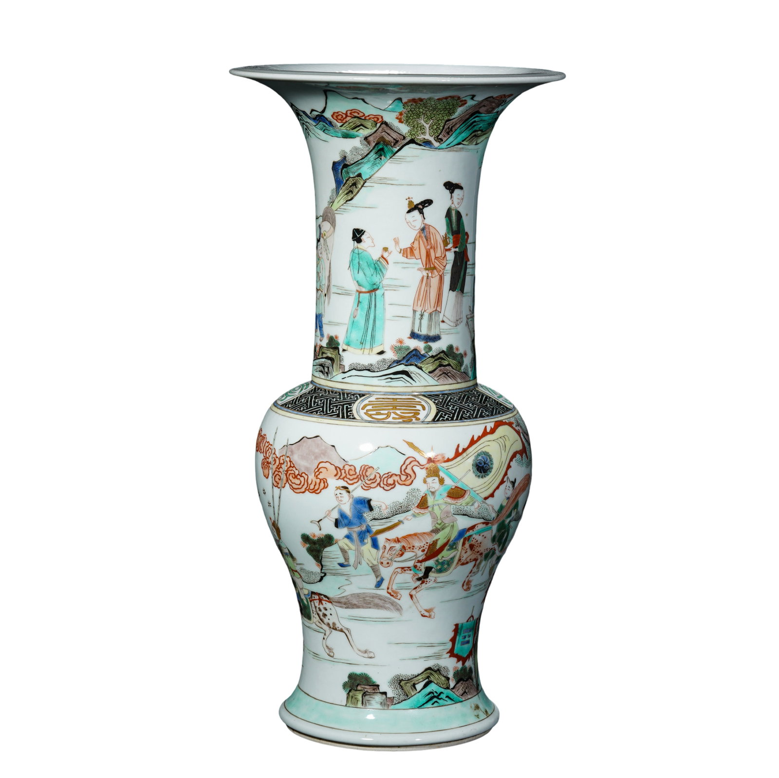 Kangxi Period Qing Dynasty Wucai Phoenix?Tail Vase with Figural Battle?Scene Decoration: Condition & Provenance: Overall intact form, rim, neck, body and foot ring well preserved. No cracks or major chips, no extensive restoration. Minor age?related wear and slight enamel loss consistent 