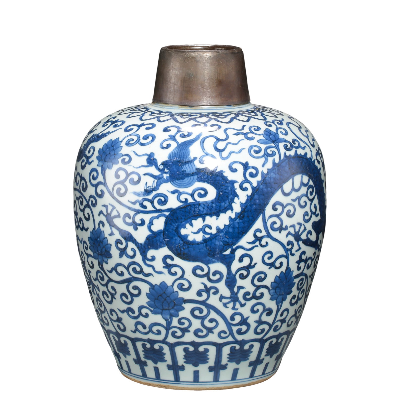 Jiajing Period, Ming Dynasty Blue and White Dragon-Decorated Covered Jar (16th Century,: Dimensions: Height approximately 27 cm (10.6 in, 0.89 ft); Mouth diameter approximately 6.8 cm (2.7 in, 0.22 ft); Jiajing Period, Ming Dynasty, 16th centuryCondition and Provenance: The jar and cover 