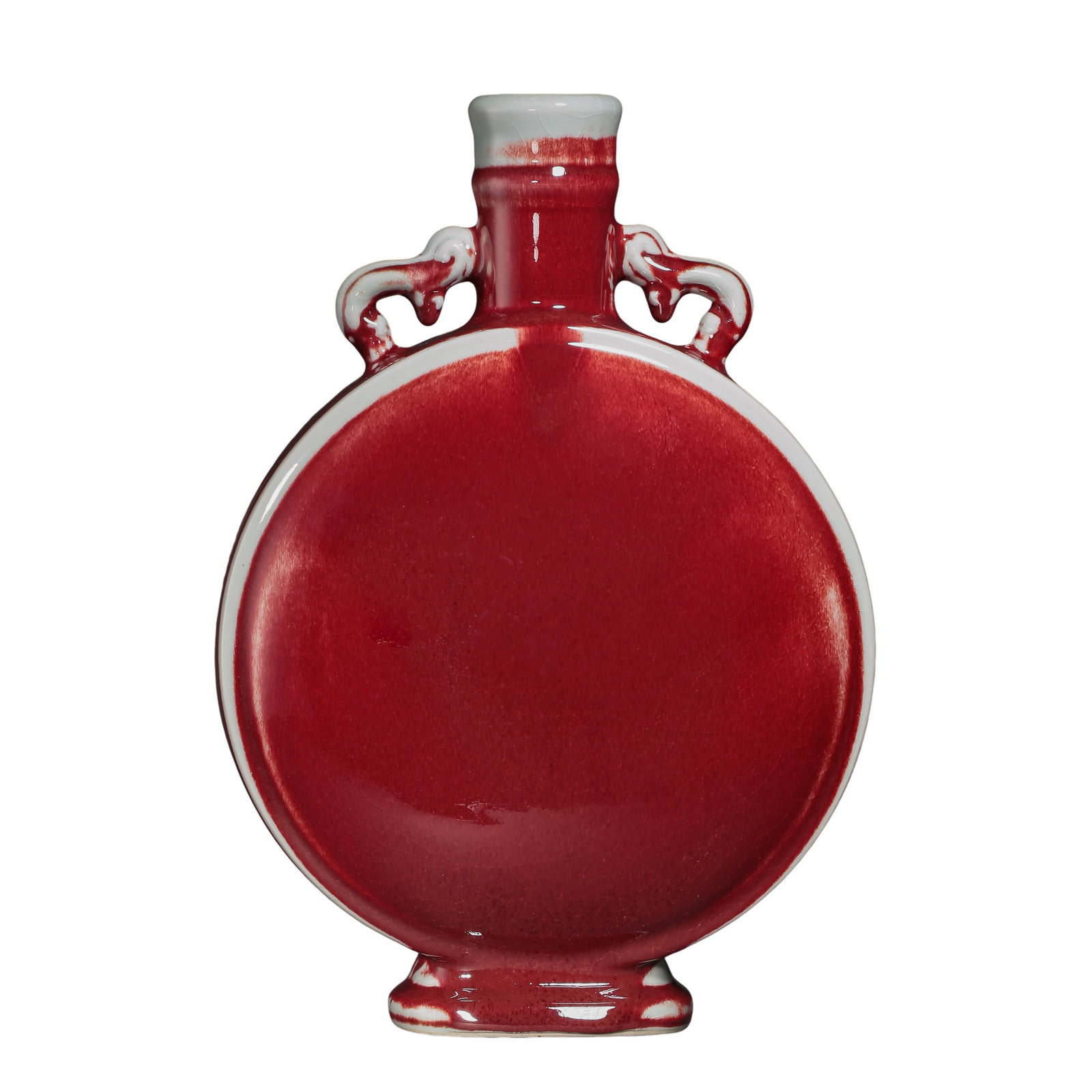 Kangxi Period (Late 17th–Early 18th Century) Qing Dynasty Langyao Red Glazed Double-Handled: Dimensions: Diameter 20.5 cm (8.07 in / 0.67 ft); 18th CenturyCondition & Provenance: Overall in good condition, with the form intact and well proportioned. The copper-red glaze remains rich and lustr