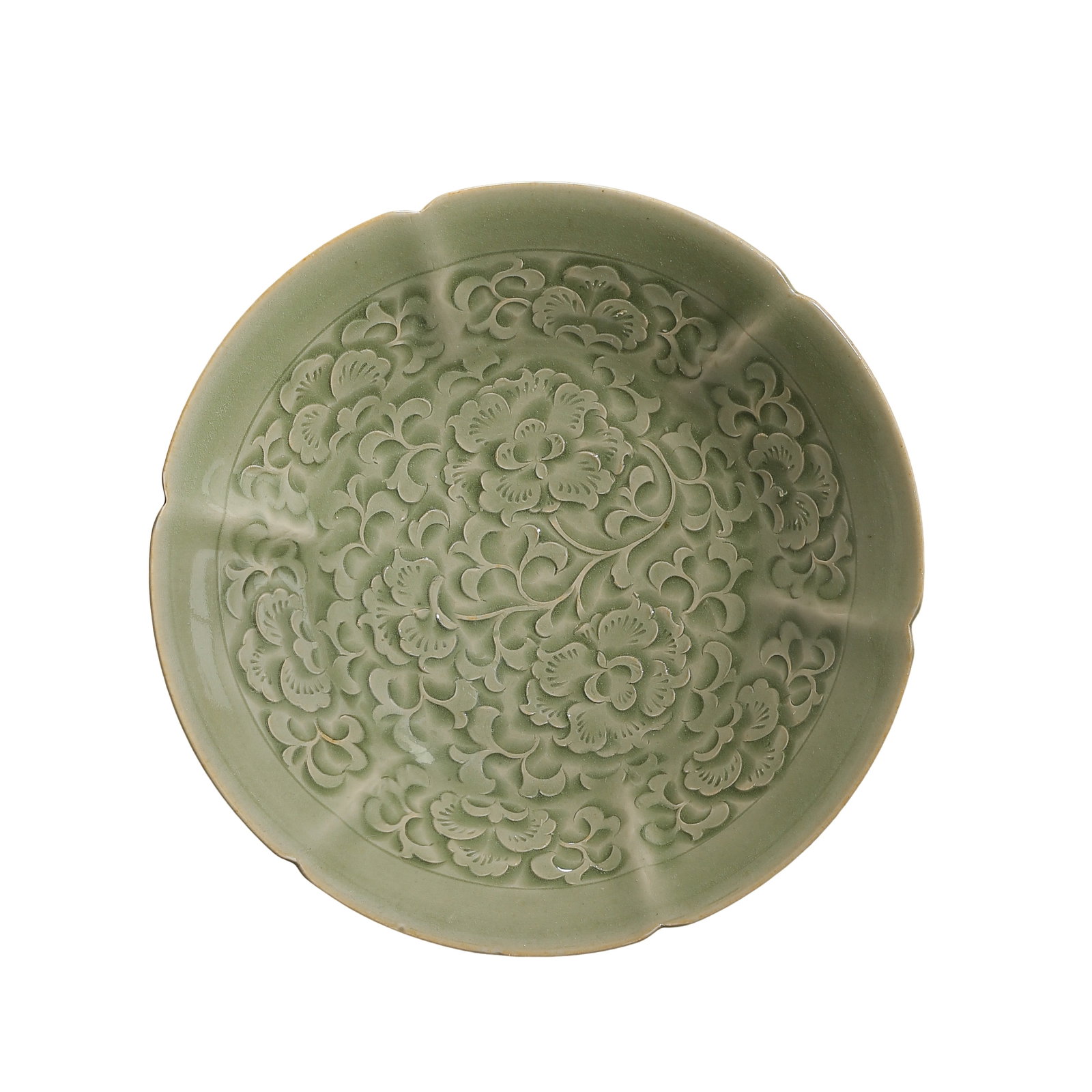 Northern Song Yaozhou Celadon Foliate-Rim Dish with Floral Decoration (Northern Song Dynasty,: Dimensions: Diameter 19 cm, Height 3.9 cm (approx. 7.48 in diameter, 1.54 in high; approx. 0.62 ft diameter, 0.13 ft high), Northern Song Dynasty (11th–12th Century)Condition & Provenance: The dish 
