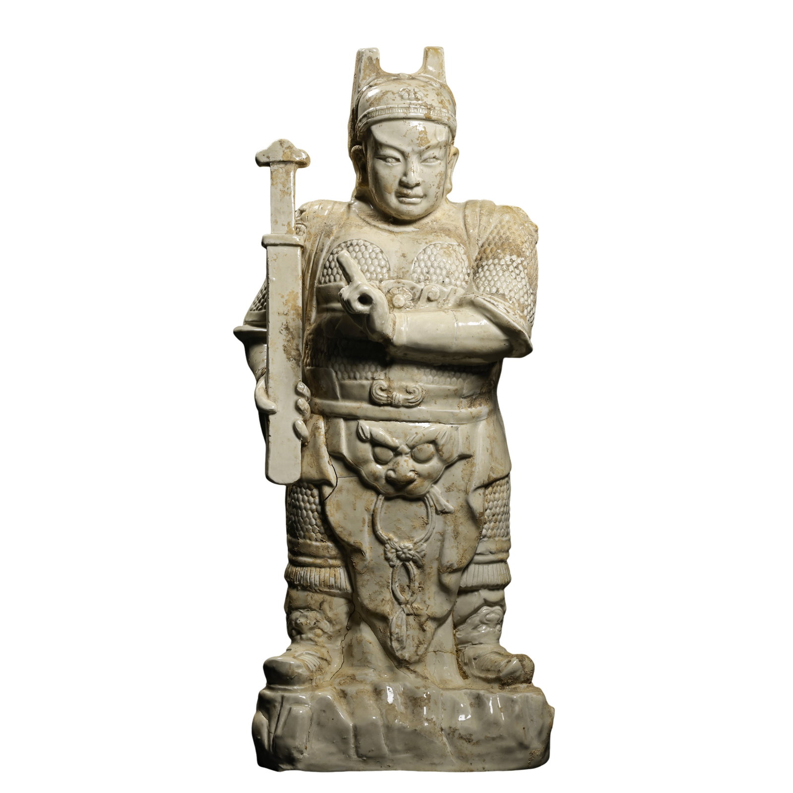 Northern Song Dynasty (960–1127), Ding Ware White-Glazed Standing Guardian King in Full Armor: Dimensions: Height 55 cm (21.65 in / 1.80 ft); Maximum Width 26 cm (10.24 in / 0.85 ft); 10th–12th CenturyCondition & Provenance: Overall in good condition, with the principal figure intact and the 