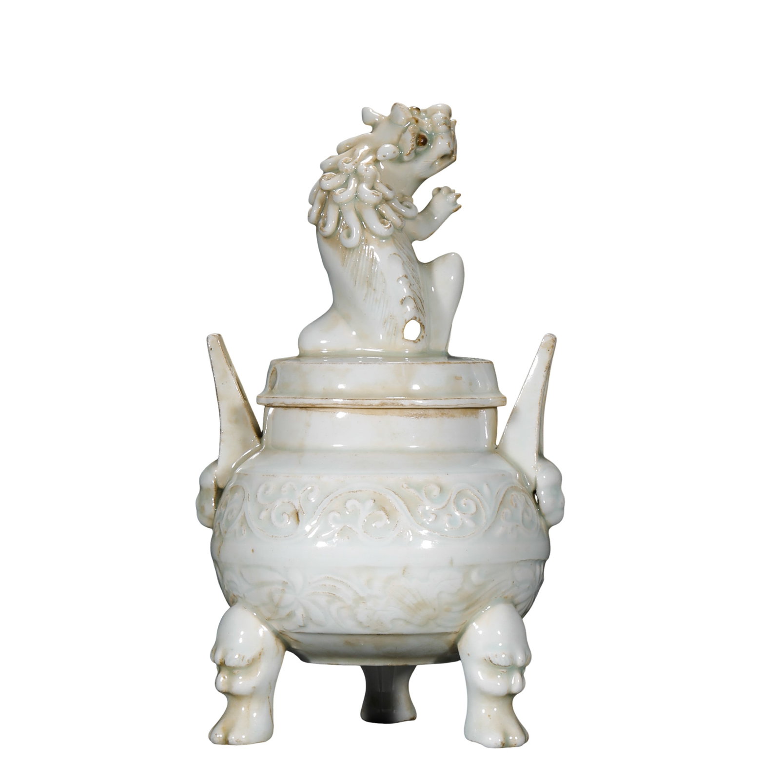 Southern Song Dynasty Hutian Kiln Qingbai Glazed Tripod Incense Burner with Mythical Beast Finial: Dimensions: Height 22.5 cm, width 14 cm (approximately 8.9 inches high, 5.5 inches wide, approximately 0.74 feet high, 0.46 feet wide; 12th–13th century)Condition and Provenance: The piece is in goo