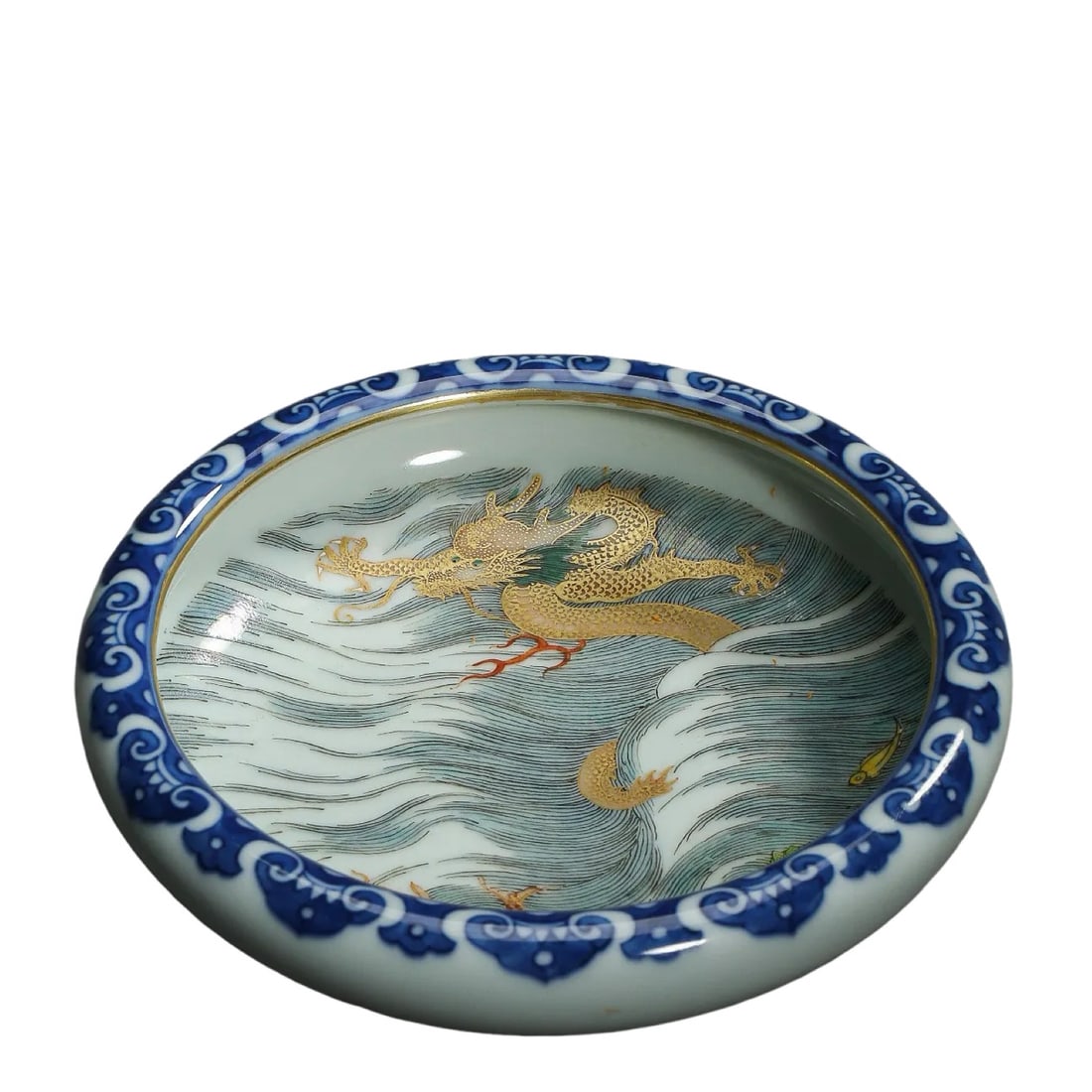 Qianlong Period Qing Dynasty Underglaze?Blue?Ground Famille?Rose Gilded Brush Washer with: Condition & Provenance: Fully intact, no cracks, chips or restoration. Smooth and lustrous glaze. Interior gilded dragon retains most original gold overlay with minor age?related gilding wear. Undergl