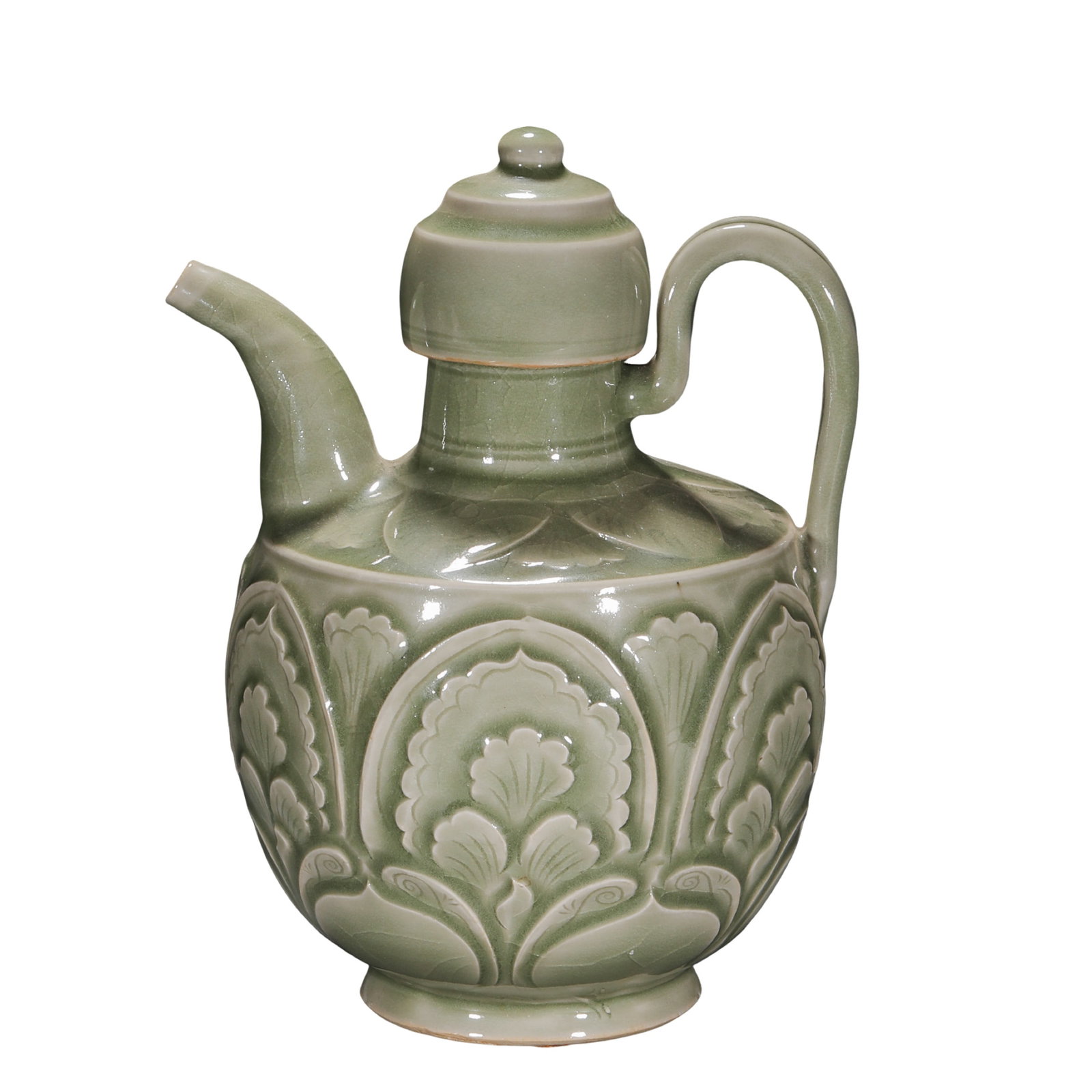 Song Dynasty Yaozhou Kiln Celadon Relief Lotus-Petal Covered Ewer, Song Dynasty (late 10th–12th: Dimensions: Approximately 21 cm high and 16 cm wide (about 8.3 inches high and 6.3 inches wide; about 0.69 feet high and 0.52 feet wide) 11th centuryCondition and Provenance: The ewer is preserved in 