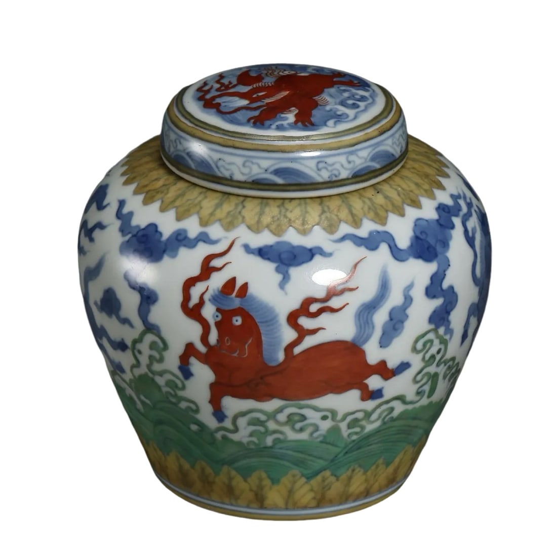 Blue and White with Polychrome “Tian?? Character Covered Jar with Auspicious Beast and Sea: Dimensions: 12 cm high and approximately 6.8 cm in diameter (about 4.7 inches high and 2.7 inches in diameter; about 0.39 feet high and 0.22 feet in diameter) 15th centuryCondition and Provenance: The