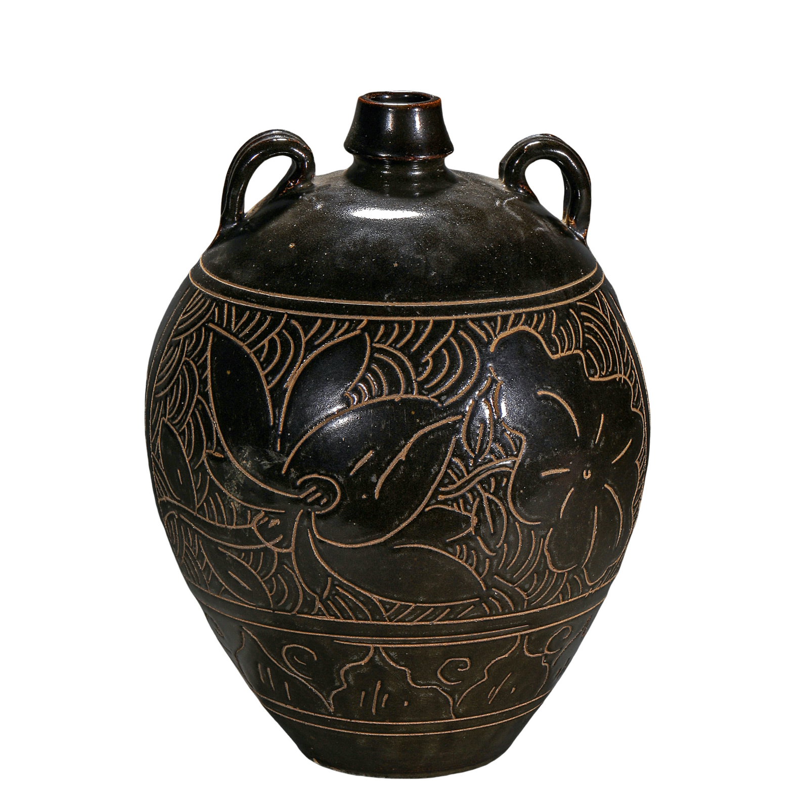 Song Dynasty Black-Glazed Carved Lotus Motif Double-Handled Wine Jar (11th–12th Century): Dimensions: Approximately 28 cm high (about 11 inches high; about 0.92 feet high) 11th–12th CenturyCondition and Provenance: The piece remains in good overall condition with its original form well p