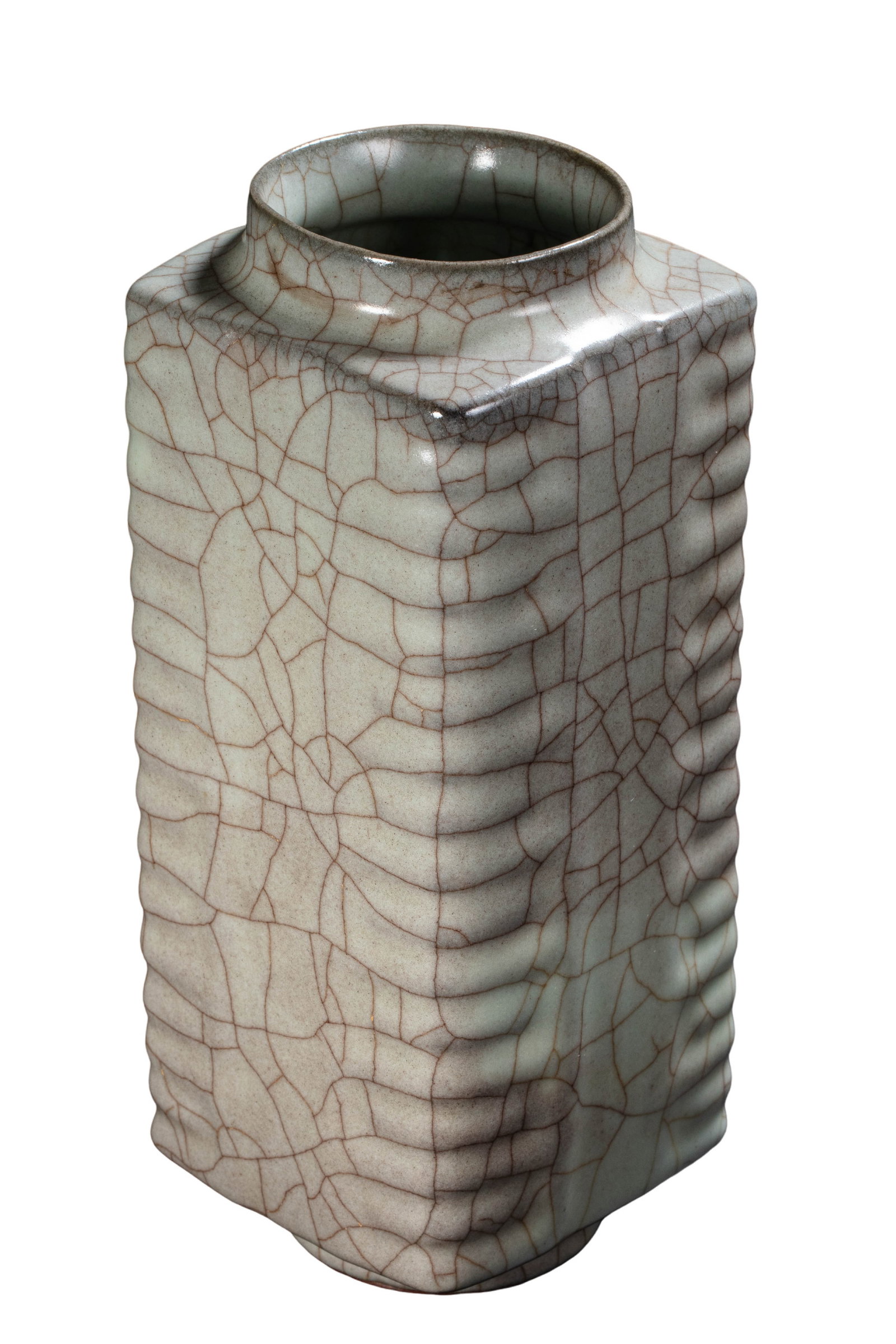 Southern Song Dynasty Guan Kiln Celadon Cong-Form Vase (12th Century): Dimensions: Approximately 13 cm high (about 5.1 inches; about 0.43 feet); mouth diameter approximately 9 cm (about 3.5 inches; about 0.30 feet) 12th CenturyCondition and Provenance: The vase remains i
