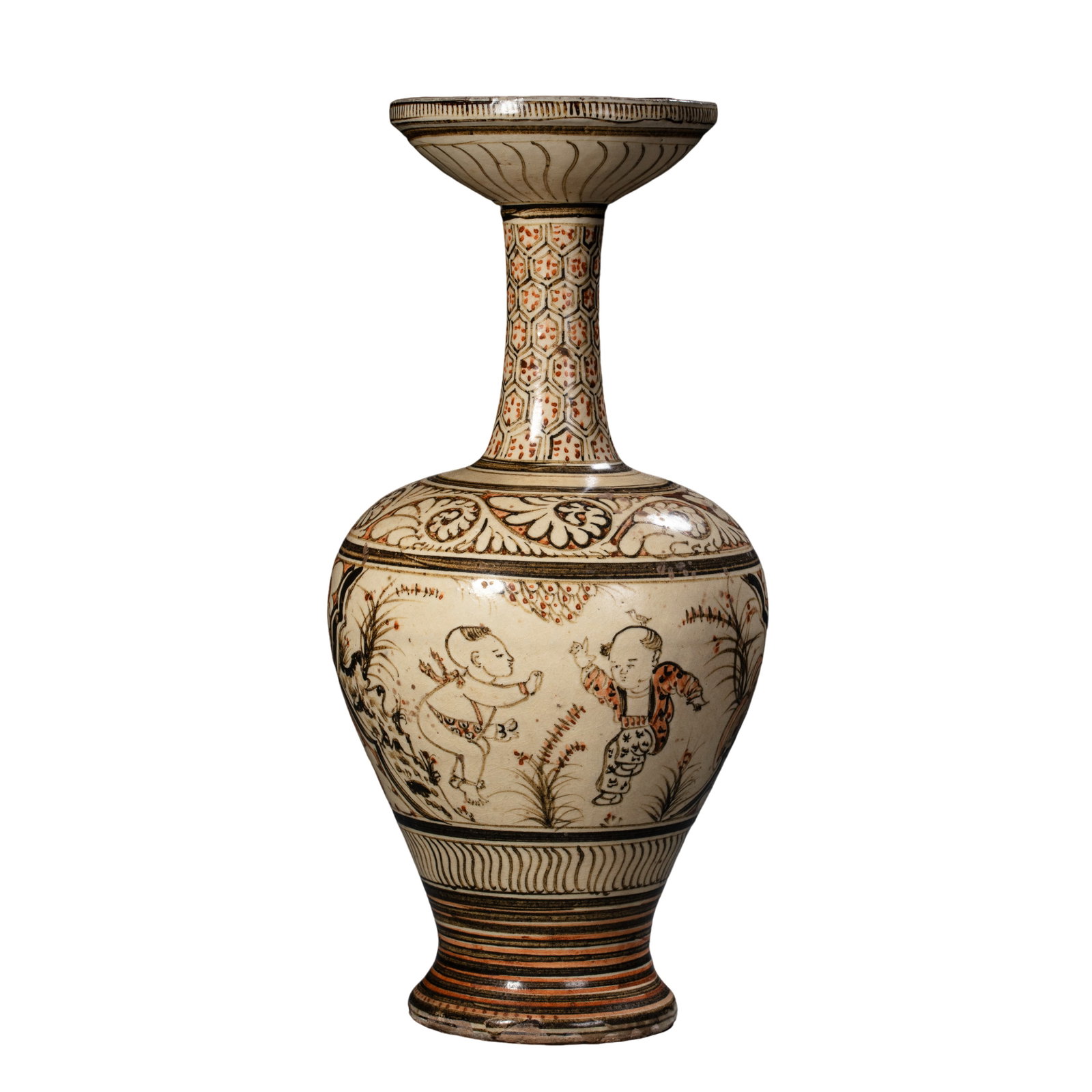 Northern Song Dynasty Cizhou Kiln White-Ground Brown and Polychrome Painted Vase with Children at: Dimensions: Approximately 30.8 cm high (about 12.1 inches; about 1.01 feet) 11th–12th CenturyCondition and Provenance: The vase remains in good overall condition with its original form well preserve