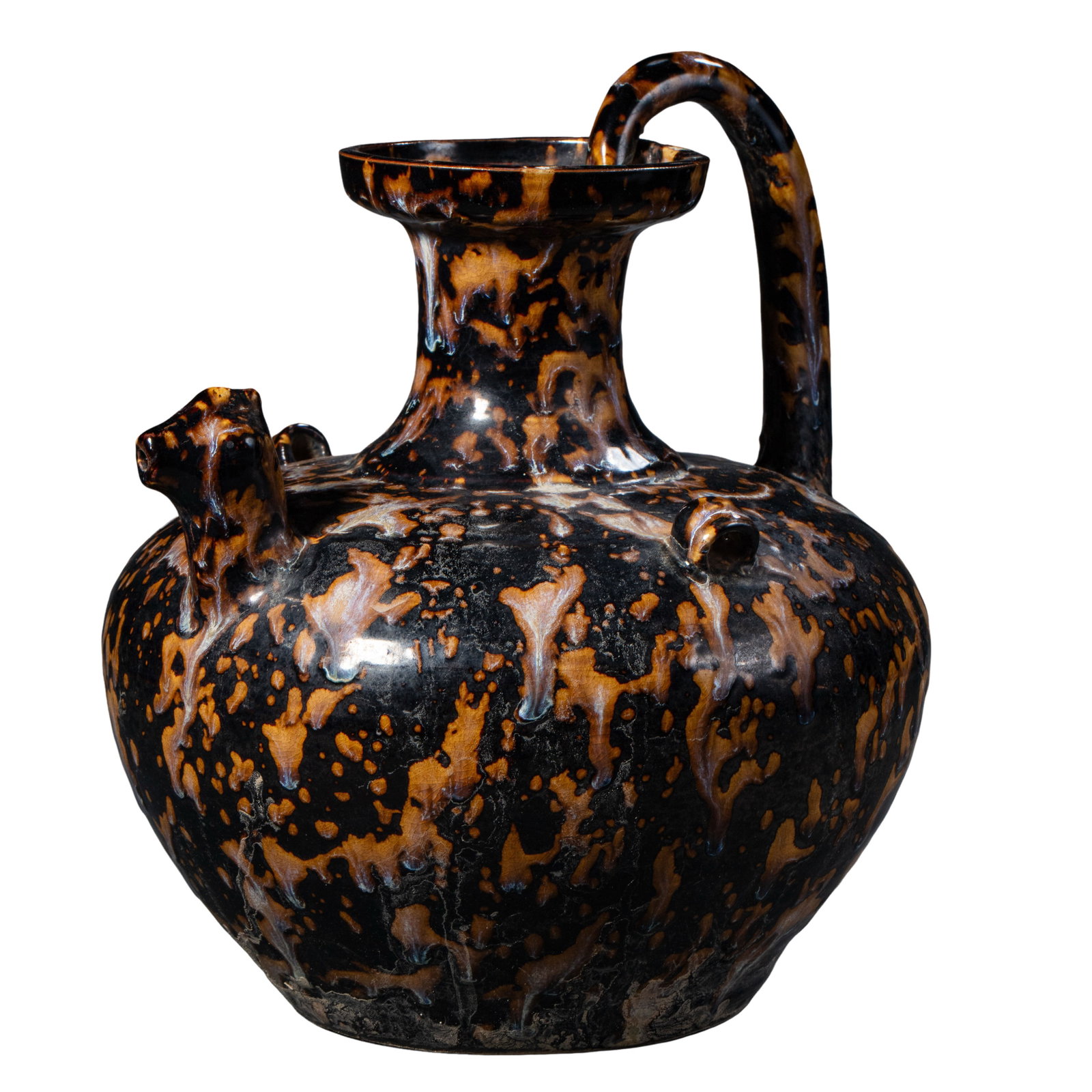 Southern Song Dynasty Jizhou Kiln Black-Glazed Tortoiseshell-Pattern Chicken-Head Ewer with Handle: Dimensions: Approximately 24.5 cm high and 21.5 cm wide (about 9.6 inches high and 8.5 inches wide; about 0.8 feet high and 0.7 feet wide) 12th–13th CenturyCondition and Provenance: The ewer remains