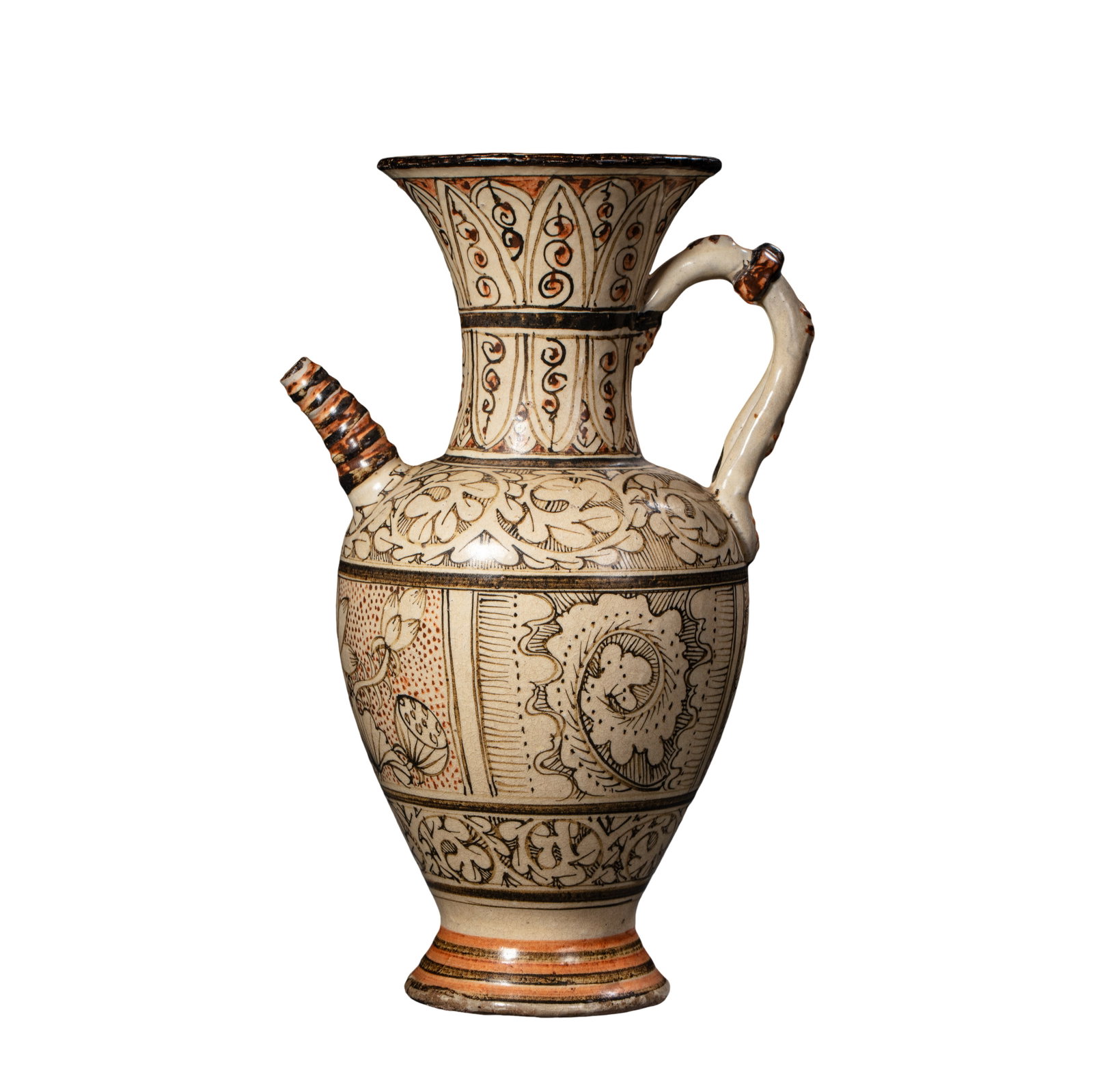Northern Song Dynasty Cizhou Kiln White-Ground Brown-Decorated Ewer with Lotus Motif Panels: Dimensions: Approximately 30.7 cm high and 19.6 cm wide (about 12.1 inches high and 7.7 inches wide; about 1.0 feet high and 0.6 feet wide) 11th–12th CenturyCondition and Provenance: The ewer is in 