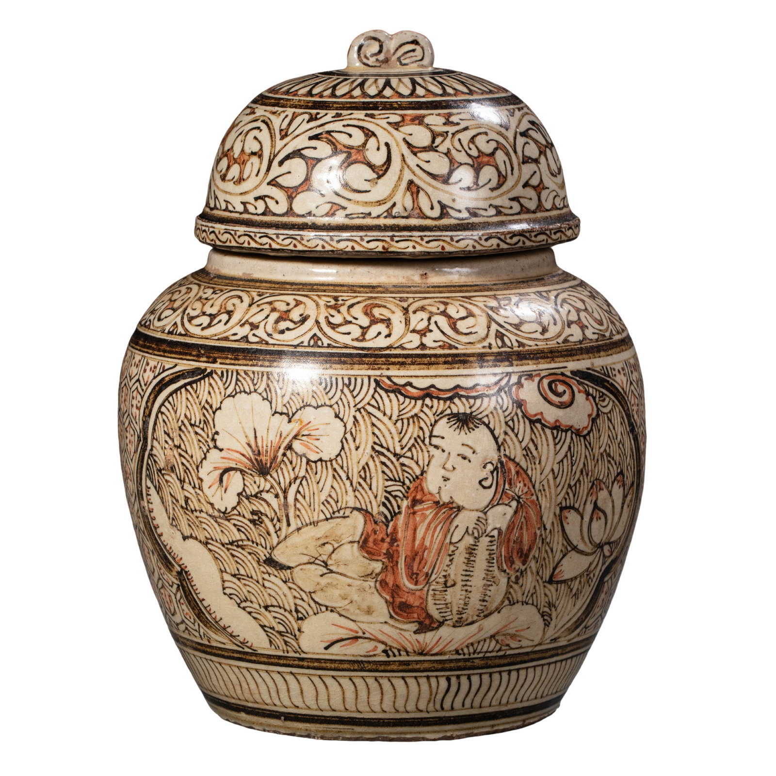 Northern Song Dynasty Cizhou Kiln White-Ground Brown and Red Painted Lidded Jar with Boy Holding: Dimensions: Approximately 19.8 cm high (about 7.8 inches high; about 0.6 feet high) 11th–12th CenturyCondition and Provenance: The jar is in good overall condition, with the lid and vessel body well