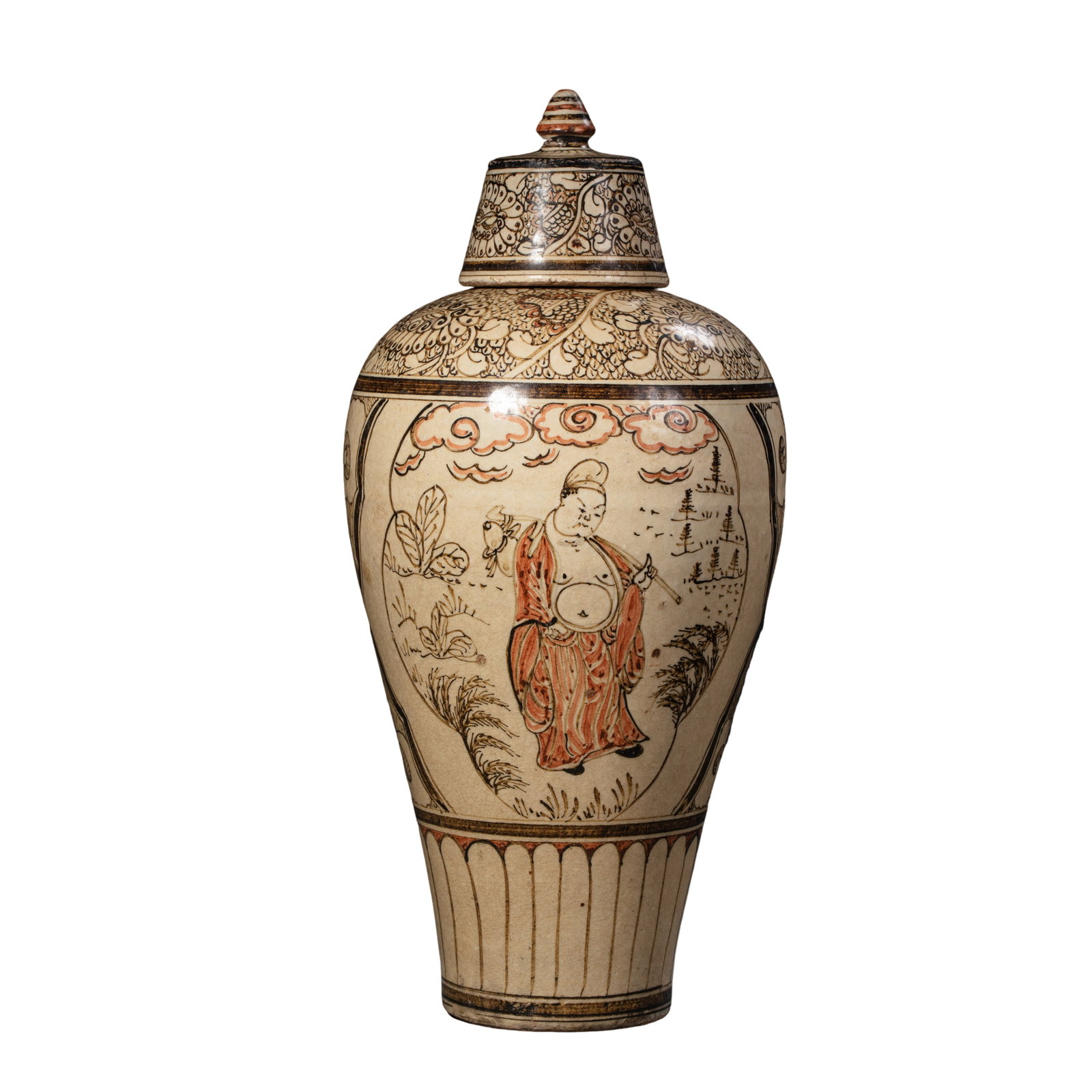 Northern Song Dynasty Cizhou Kiln White-Ground Brown and Iron-Red Painted Covered Meiping Vase with: Dimensions: Approximately 23.5 cm high (about 9.3 inches high; about 0.8 feet high) 11th–12th CenturyCondition and Provenance: The vase is in good overall condition, with its original pagoda-shaped 