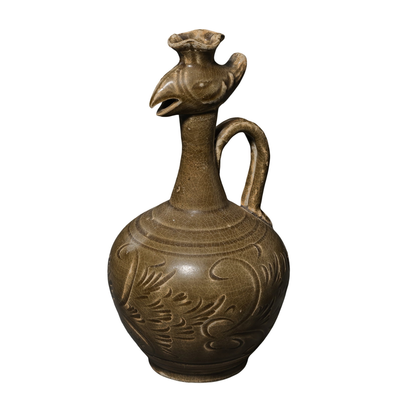 Tang Dynasty Yue Kiln Celadon Phoenix-Head Ewer with Carved Floral Decoration (7th–10th Century): Dimensions: Approximately 23 cm high (about 9.1 inches high; about 0.8 feet high) 7th–10th CenturyCondition and Provenance: The ewer is in good overall condition, with a well-preserved form and natu