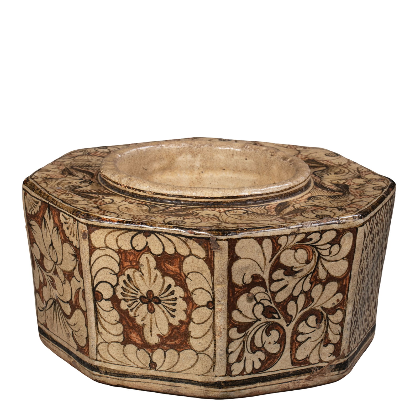 Song Dynasty Cizhou Kiln Octagonal Washer with Fish, Aquatic Plants, and Floral Decoration in Brown: Dimensions: 24 cm L × 13 cm H (approximately 9.45 inches × 5.12 inches, about 0.79 ft × 0.43 ft); Northern Song–Jin Dynasty (11th–12th Century)Condition & Provenance: Good overall condition wit