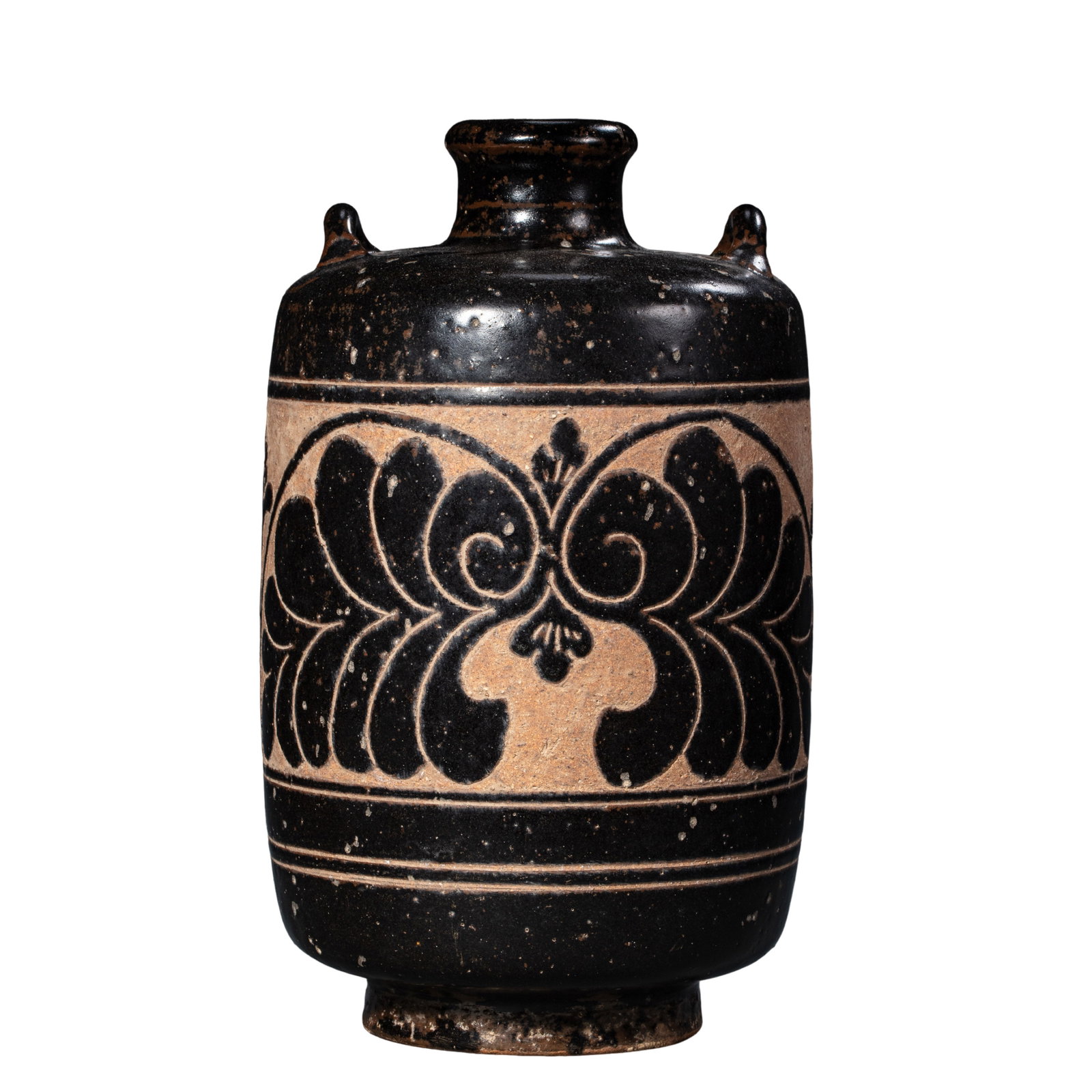 Northern Song to Jin Dynasty (12th century), Cizhou Kiln Black-Glazed Carved Floral Double-Handle: Dimensions: Height 27 cm, mouth diameter 15.8 cm (approximately 10.6 in. high, 6.2 in. mouth diameter; approximately 0.89 ft high, 0.52 ft mouth diameter)Condition and Provenance: Good overall conditi