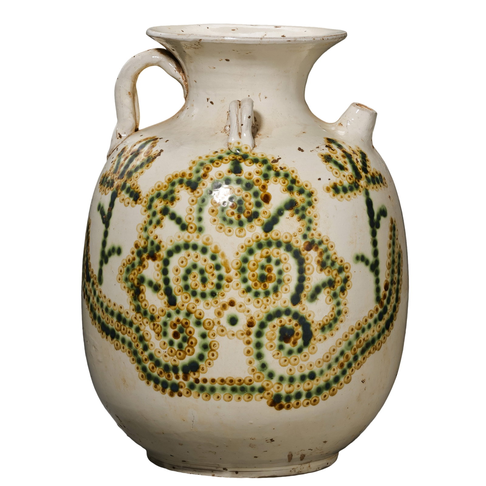 Northern Song to Jin Dynasty (12th century), Cizhou Kiln White-Glazed Green and Brown Painted: Dimensions: Height 34 cm, width 24.4 cm (approximately 13.4 in. high, 9.6 in. wide; approximately 1.12 ft high, 0.80 ft wide)Condition and Provenance: Good overall condition with an authentic aged app